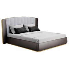 Contemporary King Size Bed, Velvet and Crossed Leather Details and Metal Frame