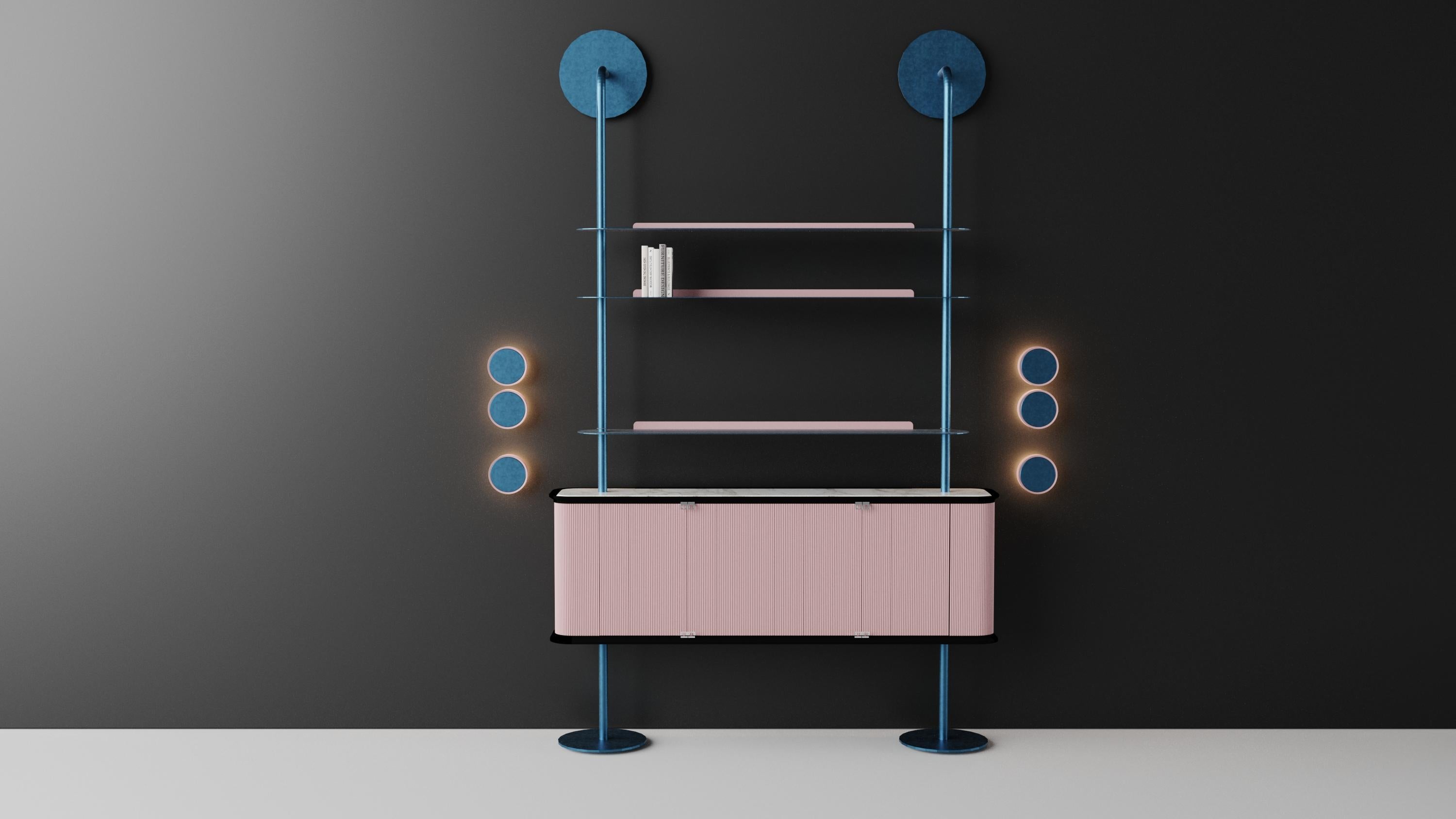 XXI secolo e contemporaneo Contemporanea Matias Sagaría Libreria Contenitore Bifacciale Metallo Legno Rosa Blu in vendita