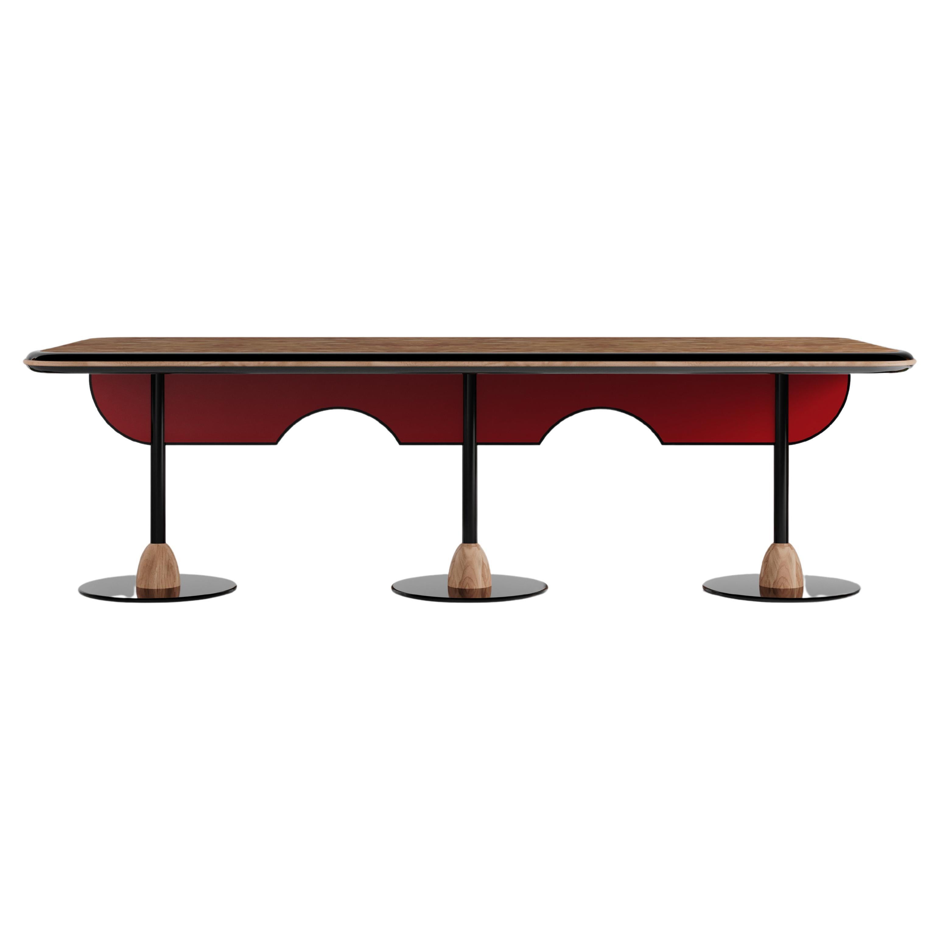 Table de salle à manger de luxe contemporaine Matias Sagara Base en bois de racine et métal rouge finition en vente