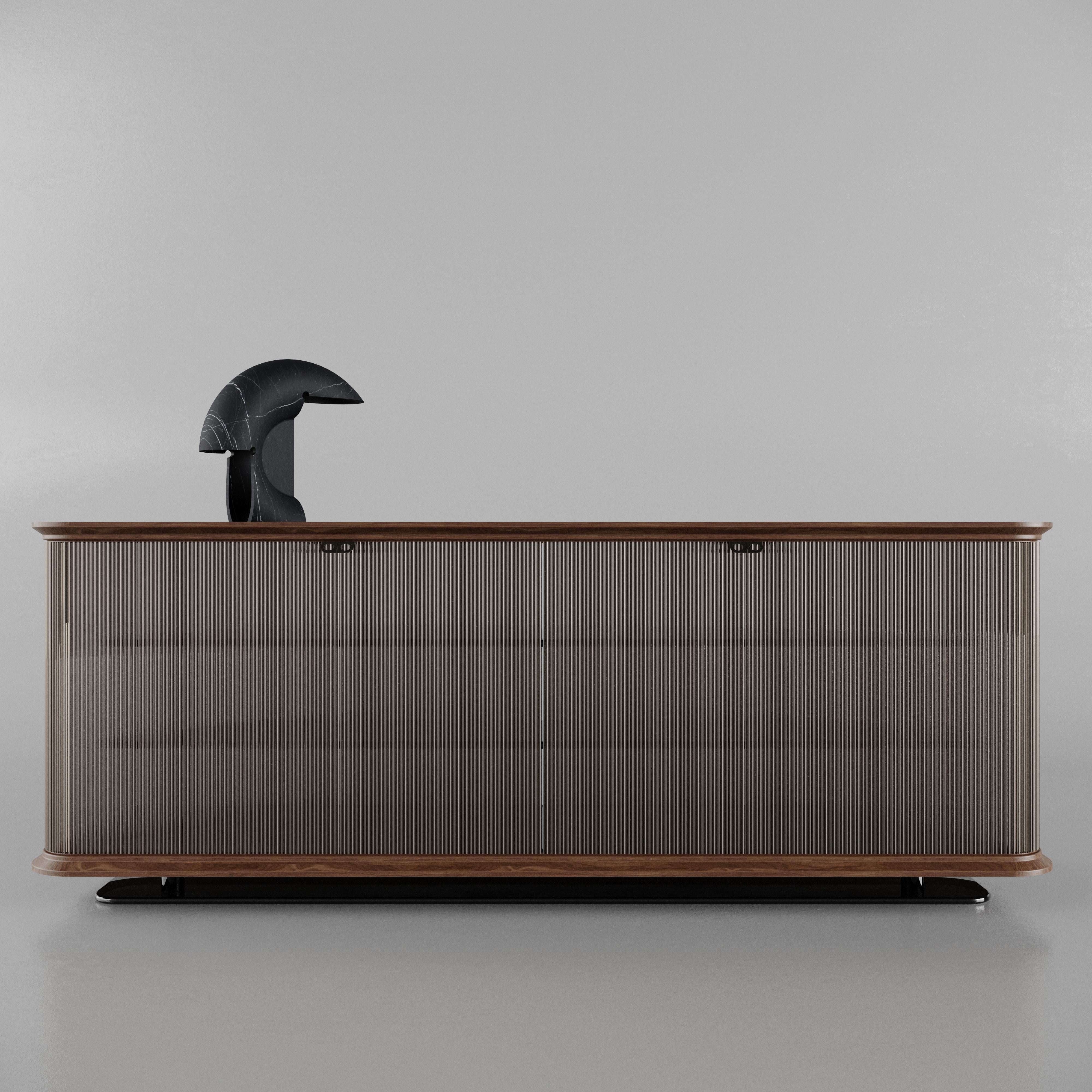 Hand-Crafted Contemporary Matias Sagaría Sideboard Double-Sided Glass Italian Walnut Marble For Sale