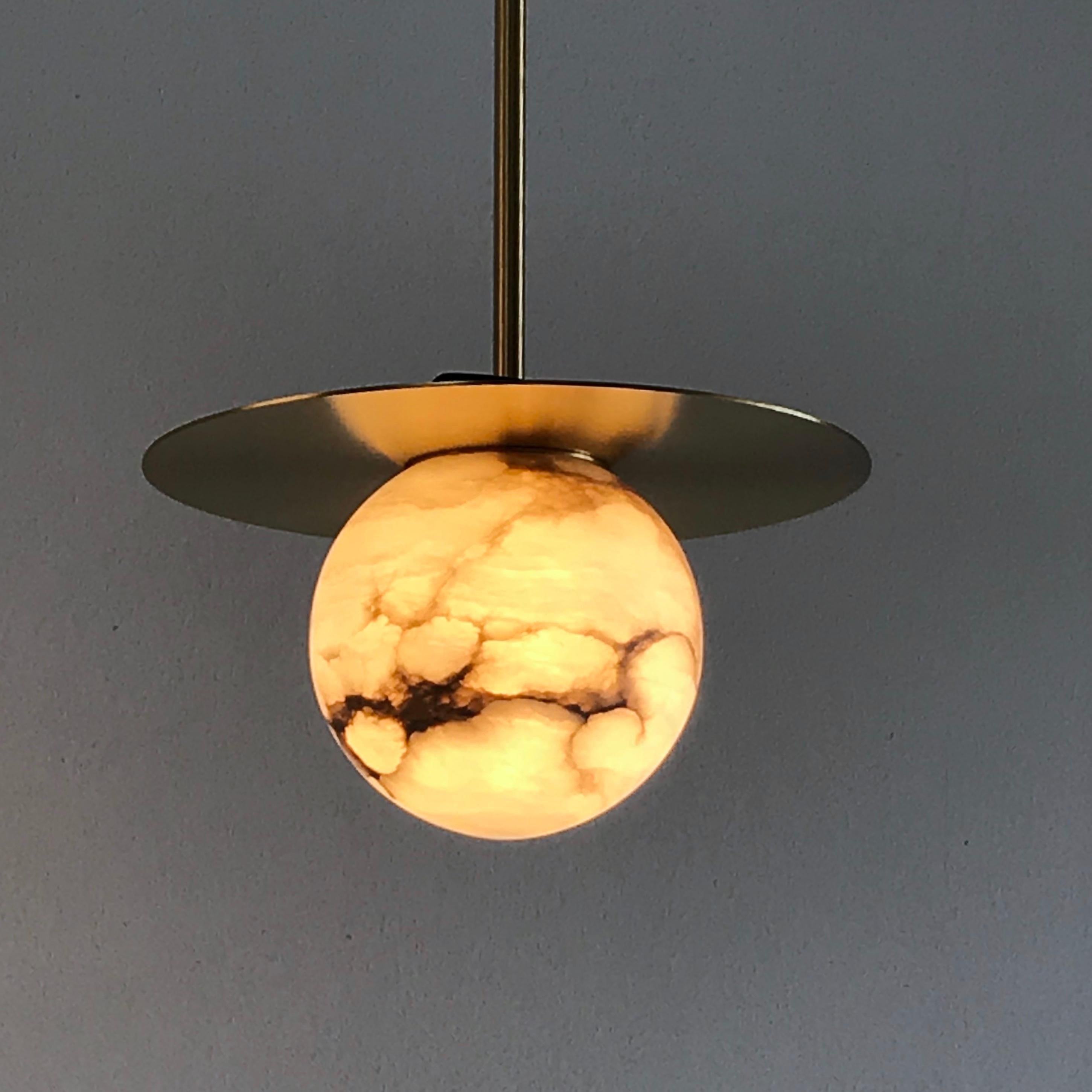 Organic Modern Contemporary Italian White Alabaster Moon Satin Brass Round Pendant by Matlight