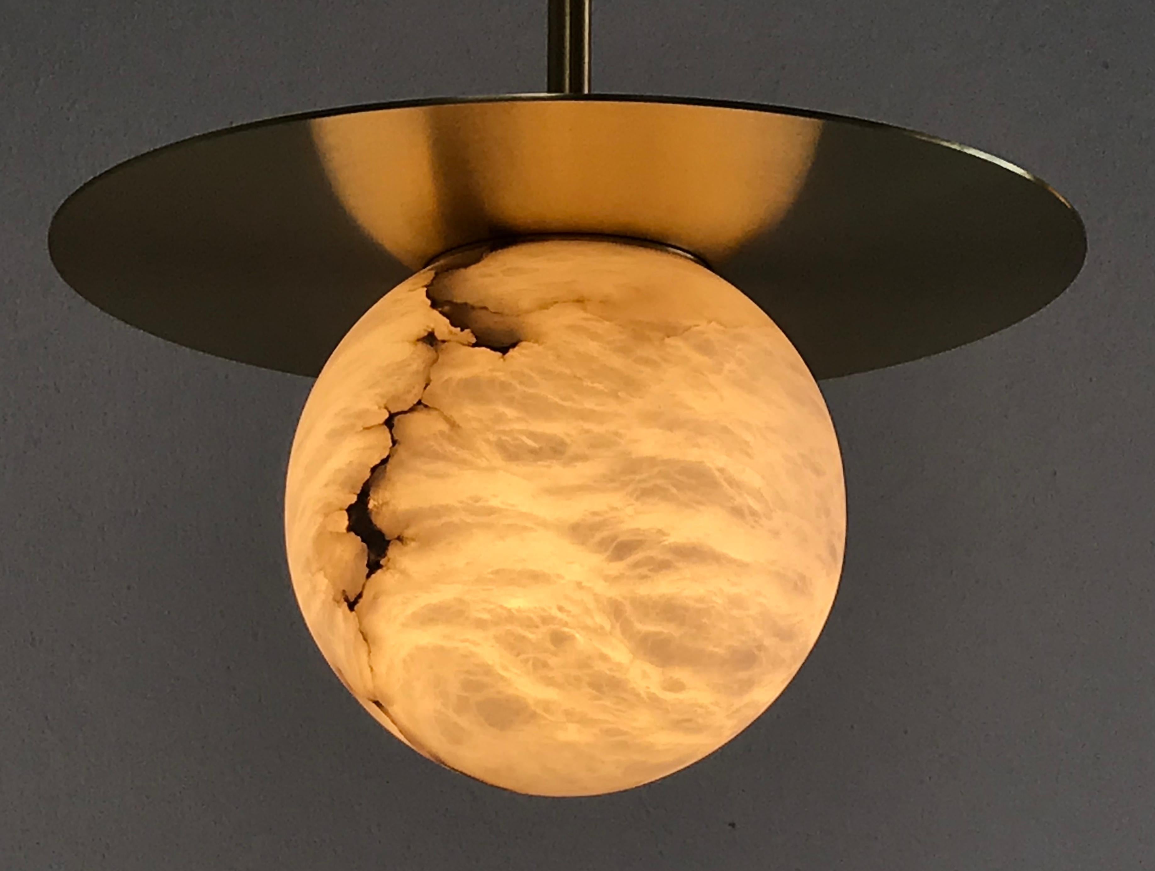 Hand-Crafted Contemporary Italian White Alabaster Moon Satin Brass Round Pendant by Matlight