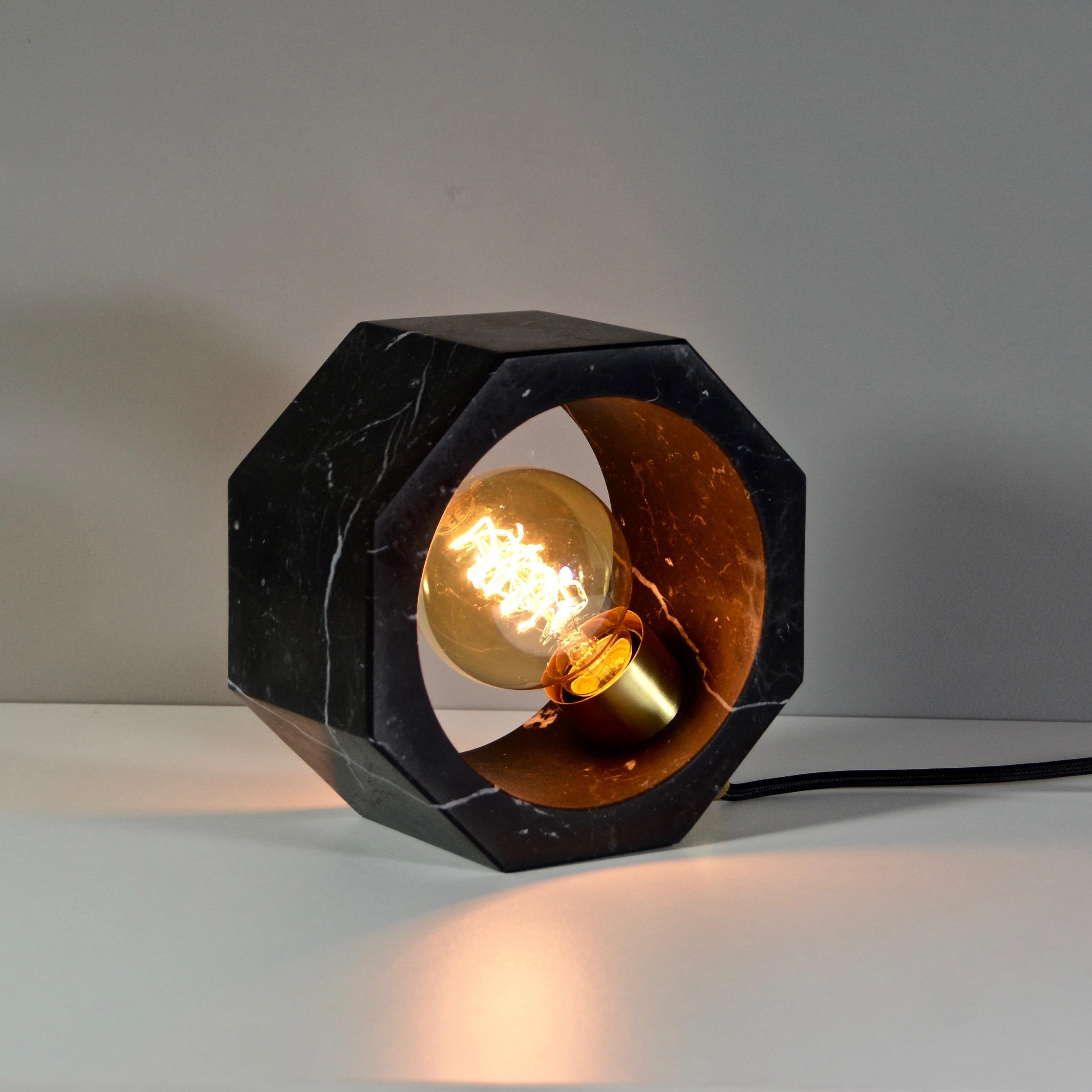 Organic Modern Contemporary Matlight Octagon Minimalist Table Lamp in Black Marquina Marble