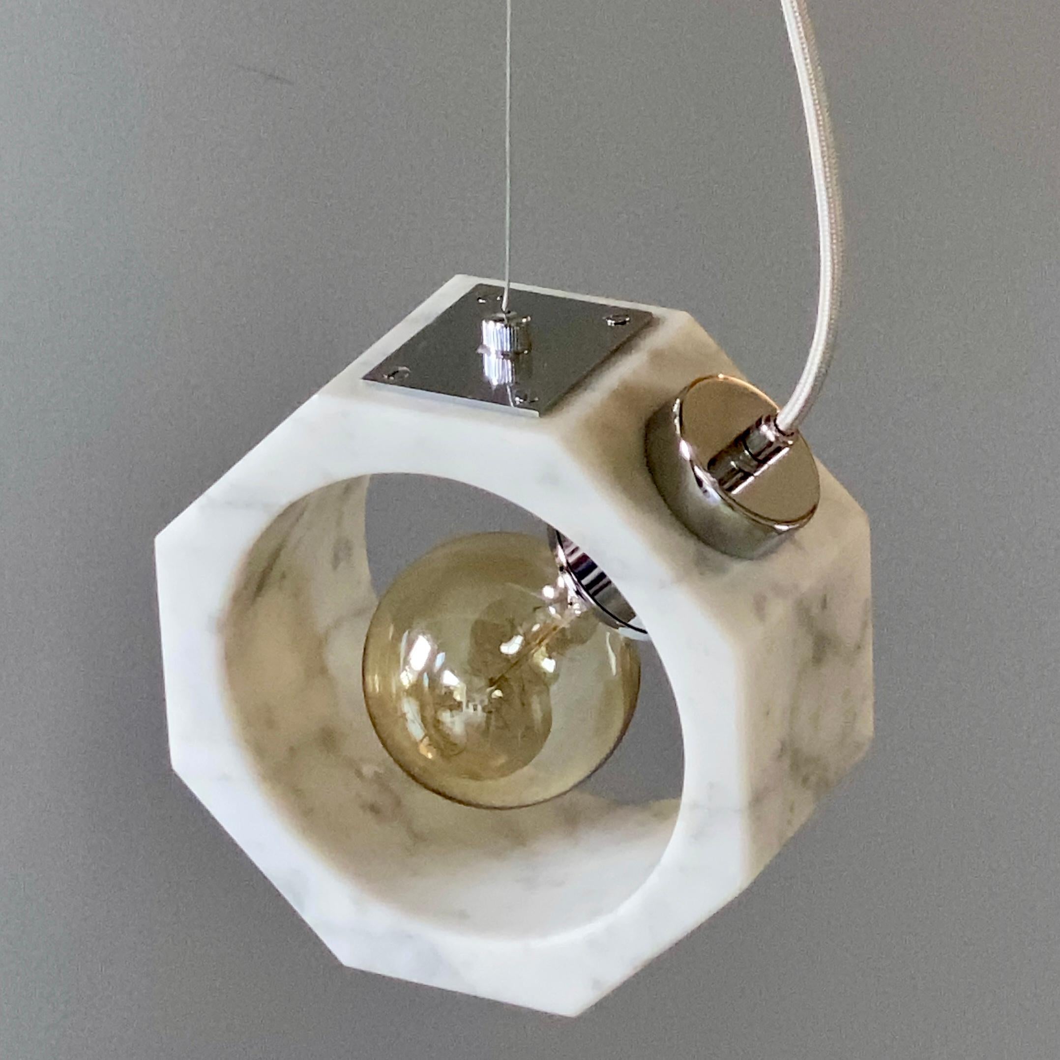 Organic Modern Contemporary Matlight Italian Essential Octagon Minimalist White Marble Pendant