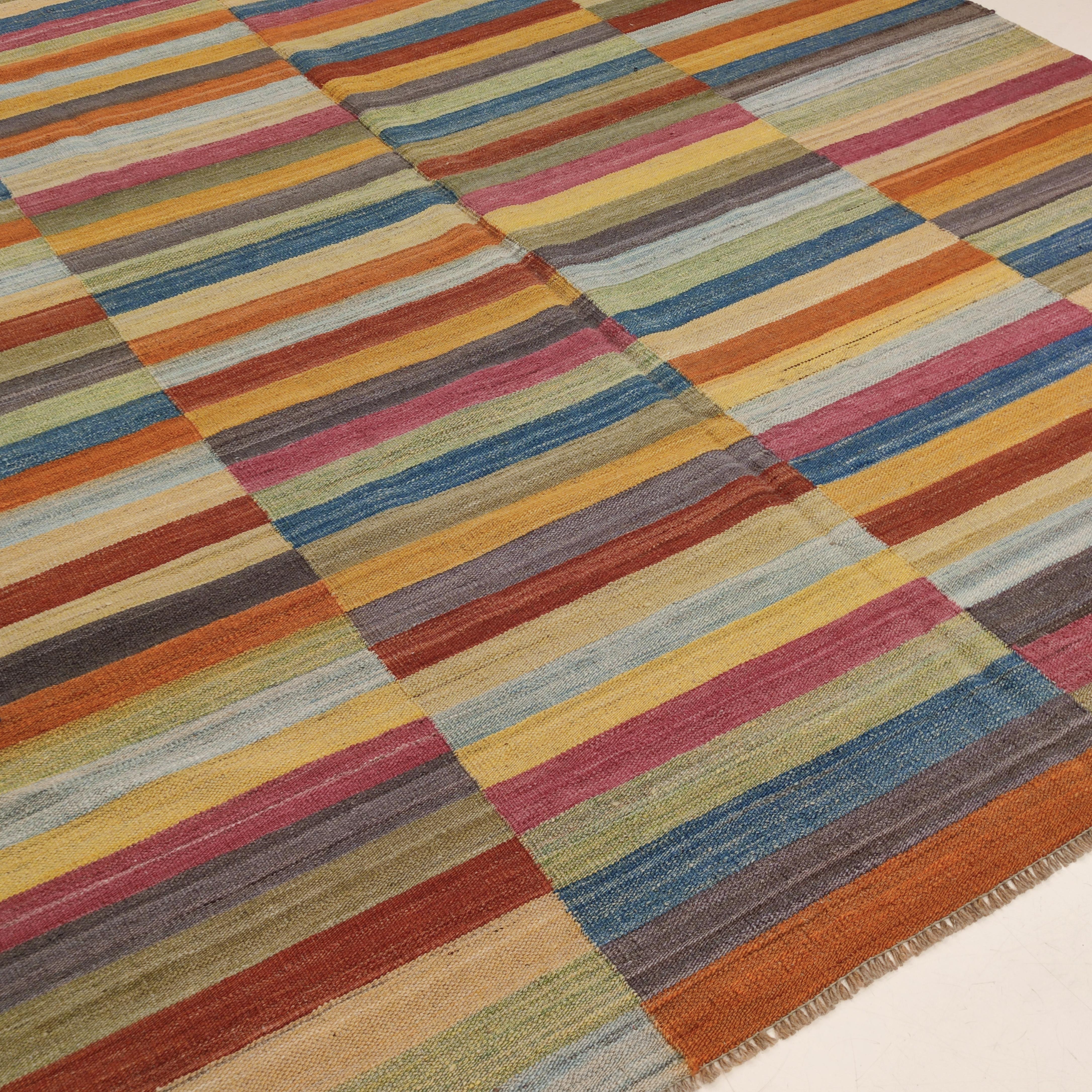 Afghan Contemporary Mazandaran Style Kilim Rug with Multicoloured Horizontal Stripes For Sale