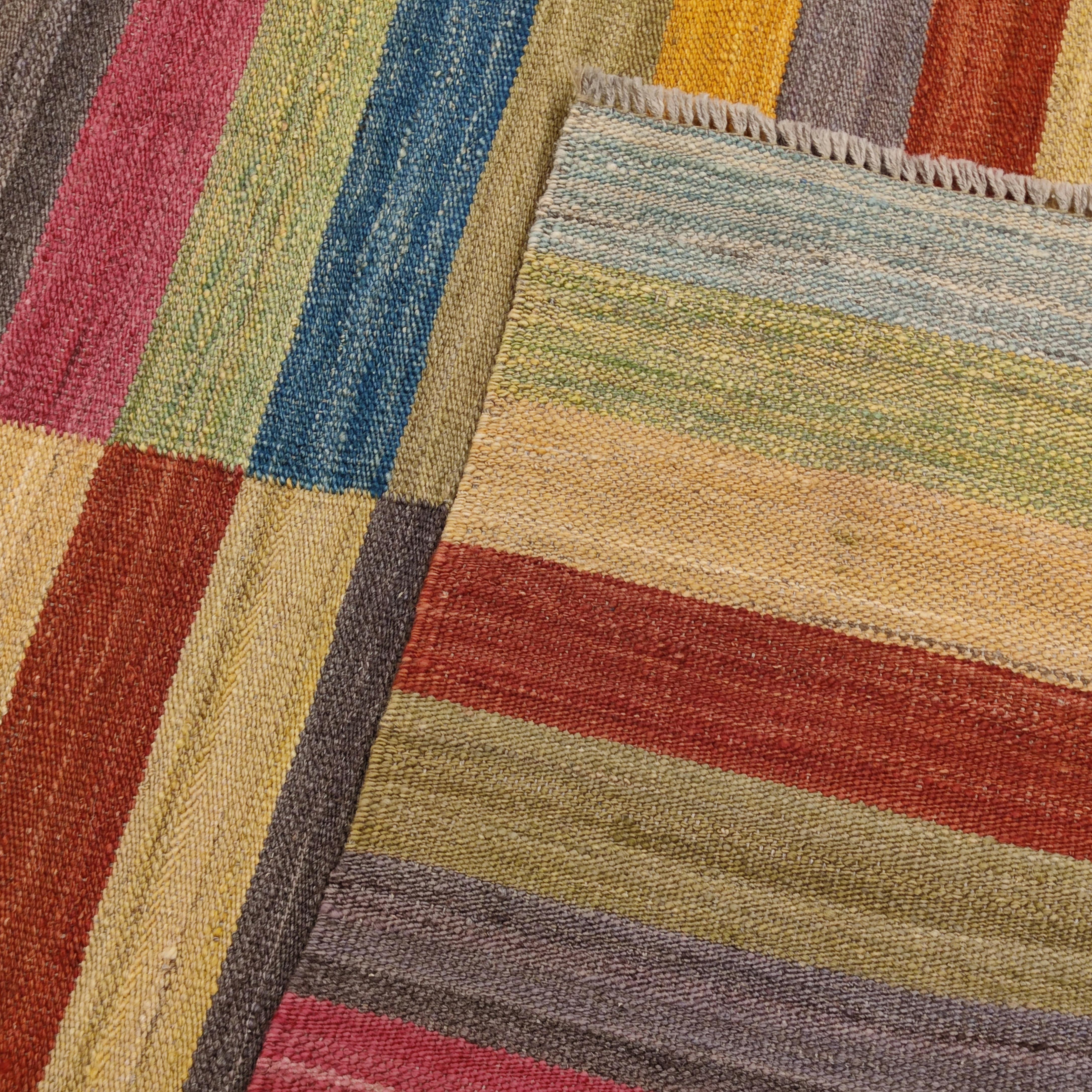 Hand-Woven Contemporary Mazandaran Style Kilim Rug with Multicoloured Horizontal Stripes For Sale