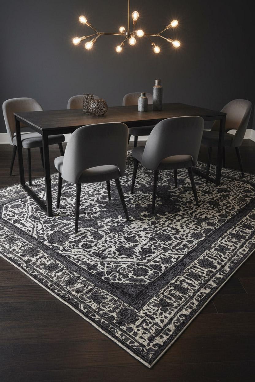 Dieser moderne Wollteppich zeigt ein dramatisches, von Medaillons geprägtes Layout, das in einer kräftigen Anthrazit- und Elfenbeinfarbe gehalten ist. Das Muster verbindet traditionelle Motive mit modernen grafischen Kontrasten und schafft so ein