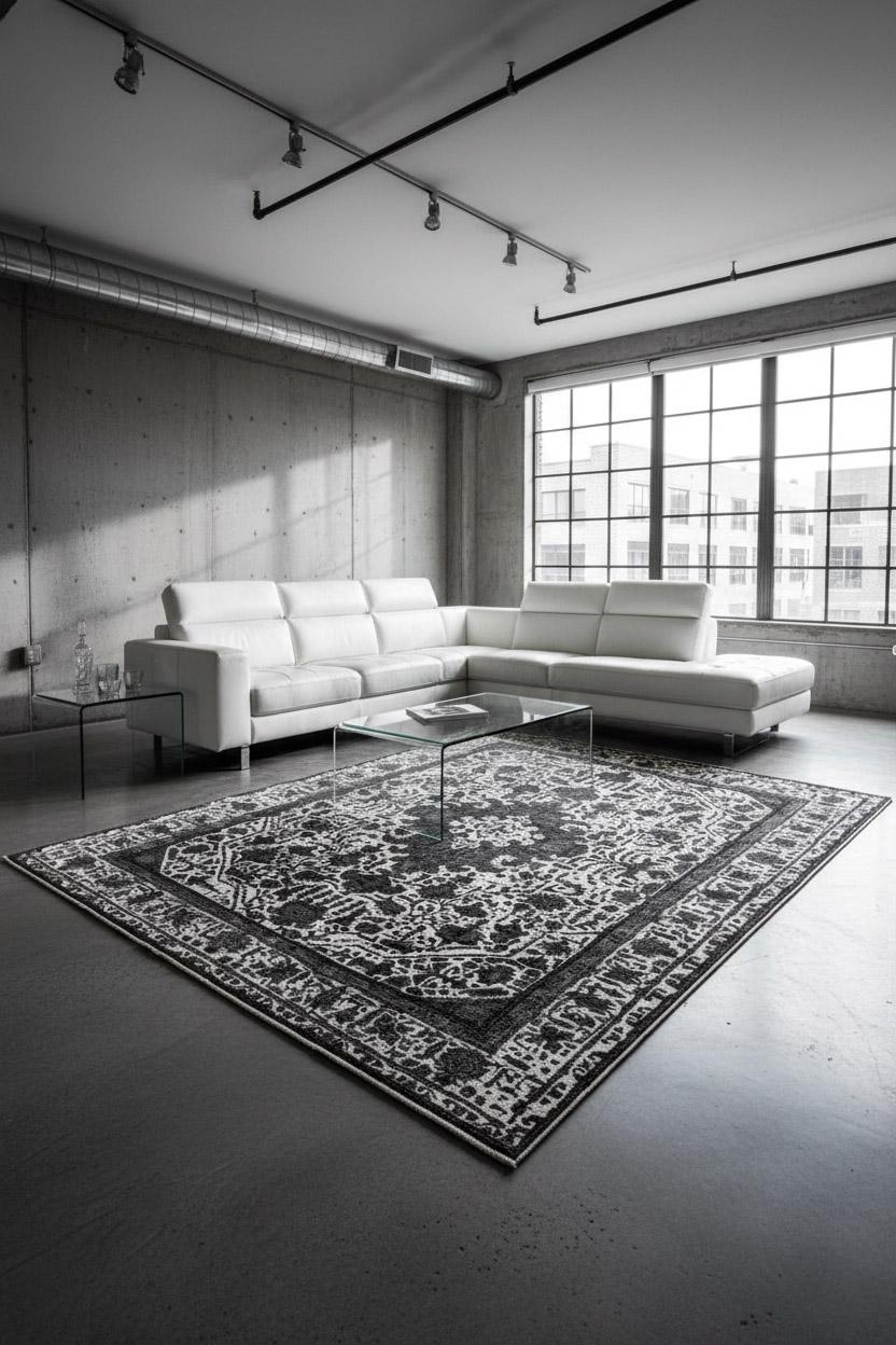 Zeitgenössische Medaillon Wollteppich, 7 ft × 10 ft , Holzkohle und Elfenbein (Indisch) im Angebot