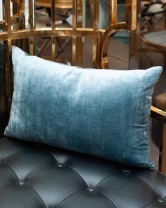 Contemporary Medium Blue Velvet Pillow with Antique Embroidered Appliqué