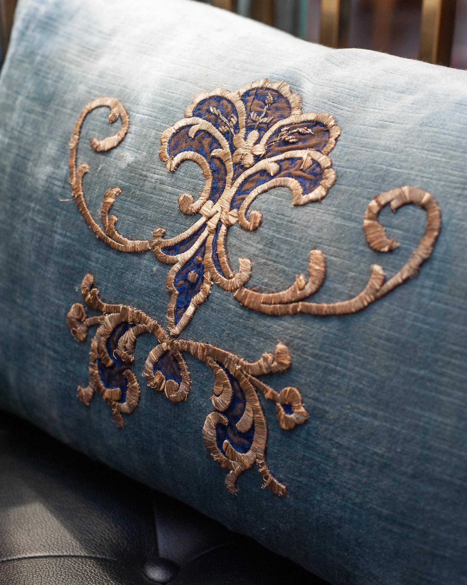 American Contemporary Medium Blue Velvet Pillow with Antique Embroidered Appliqué For Sale