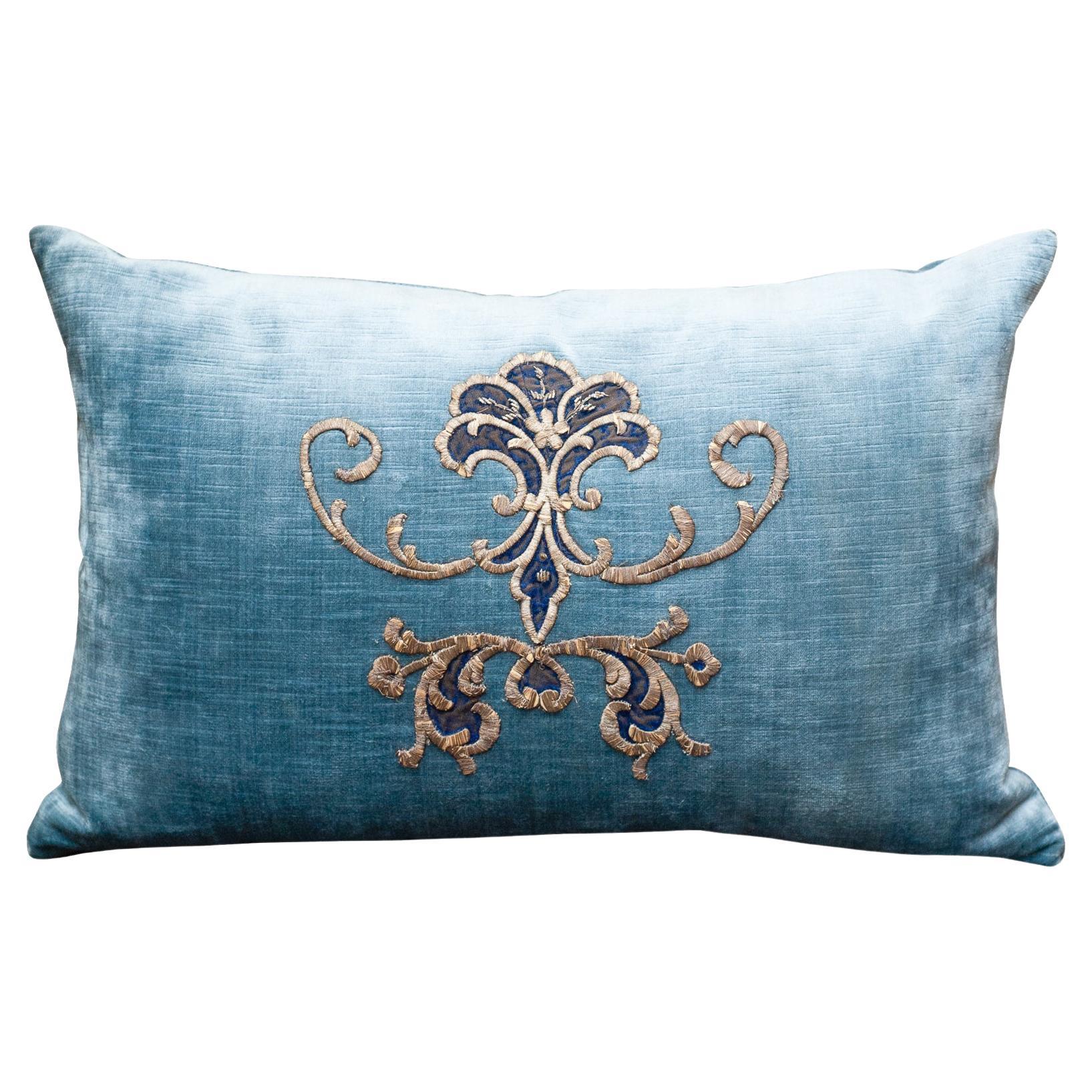 Contemporary Medium Blue Velvet Pillow with Antique Embroidered Appliqué For Sale