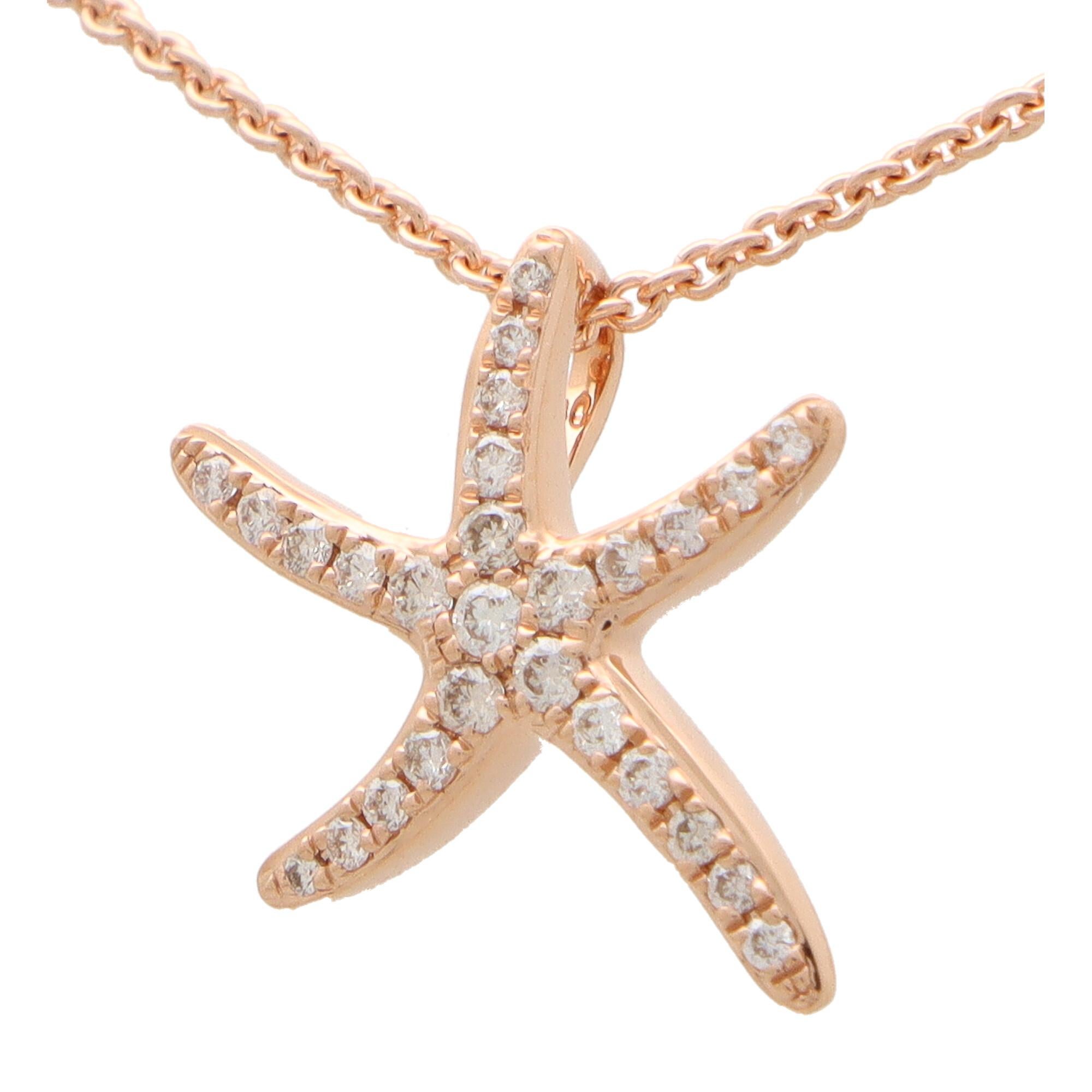 A lovely modern diamond set starfish pendant set in 18k rose gold.

The pendant is pave set throughout with 27 round brilliant cut diamonds within a starfish motif. Due to the design and size this pendant would make a perfect necklace to wear