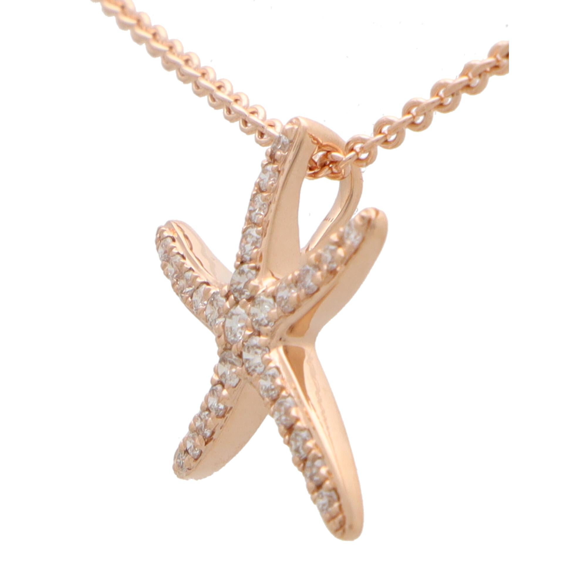 Modern Contemporary Medium Diamond Starfish Pendant Necklace Set in 18k Rose Gold