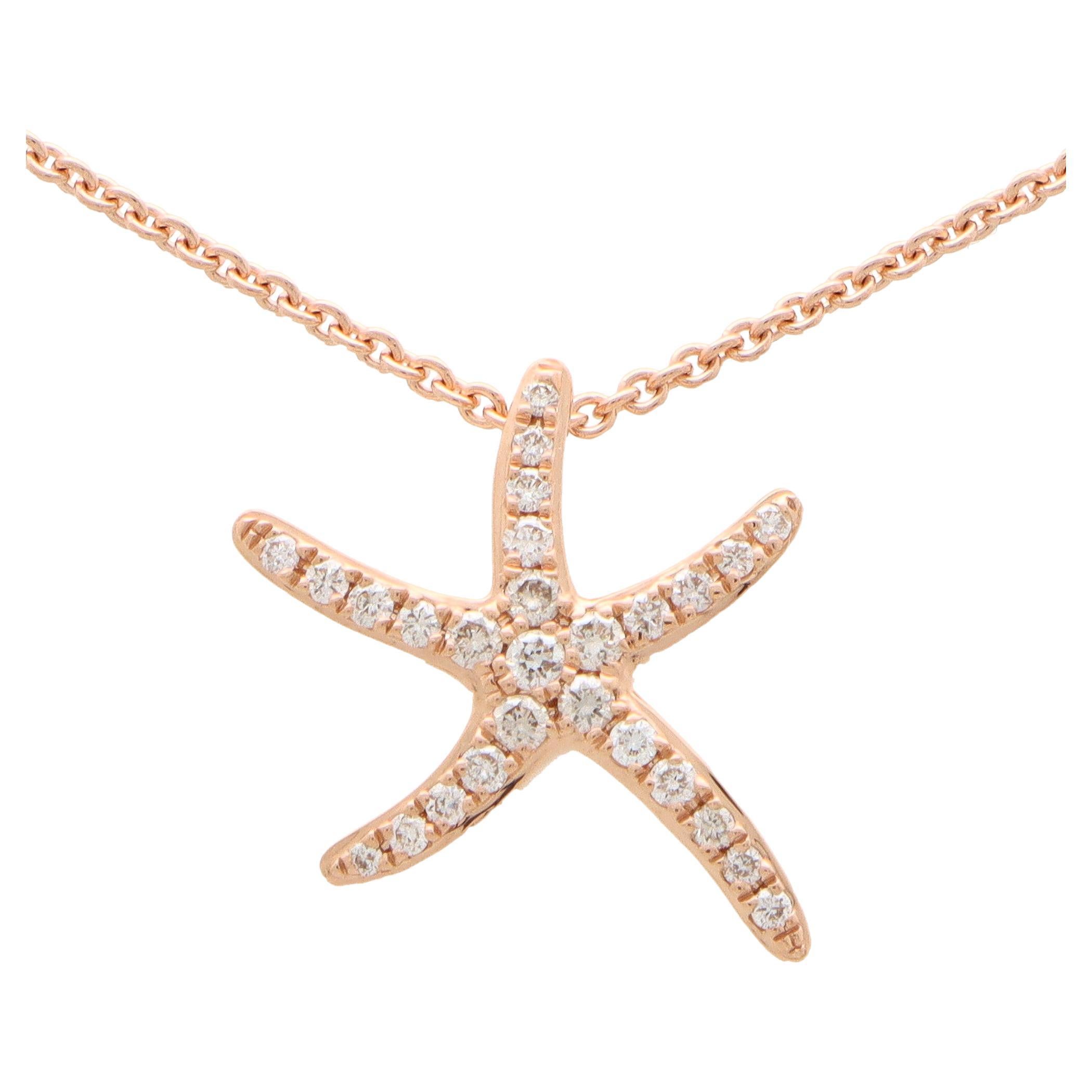 Contemporary Medium Diamond Starfish Pendant Necklace Set in 18k Rose Gold