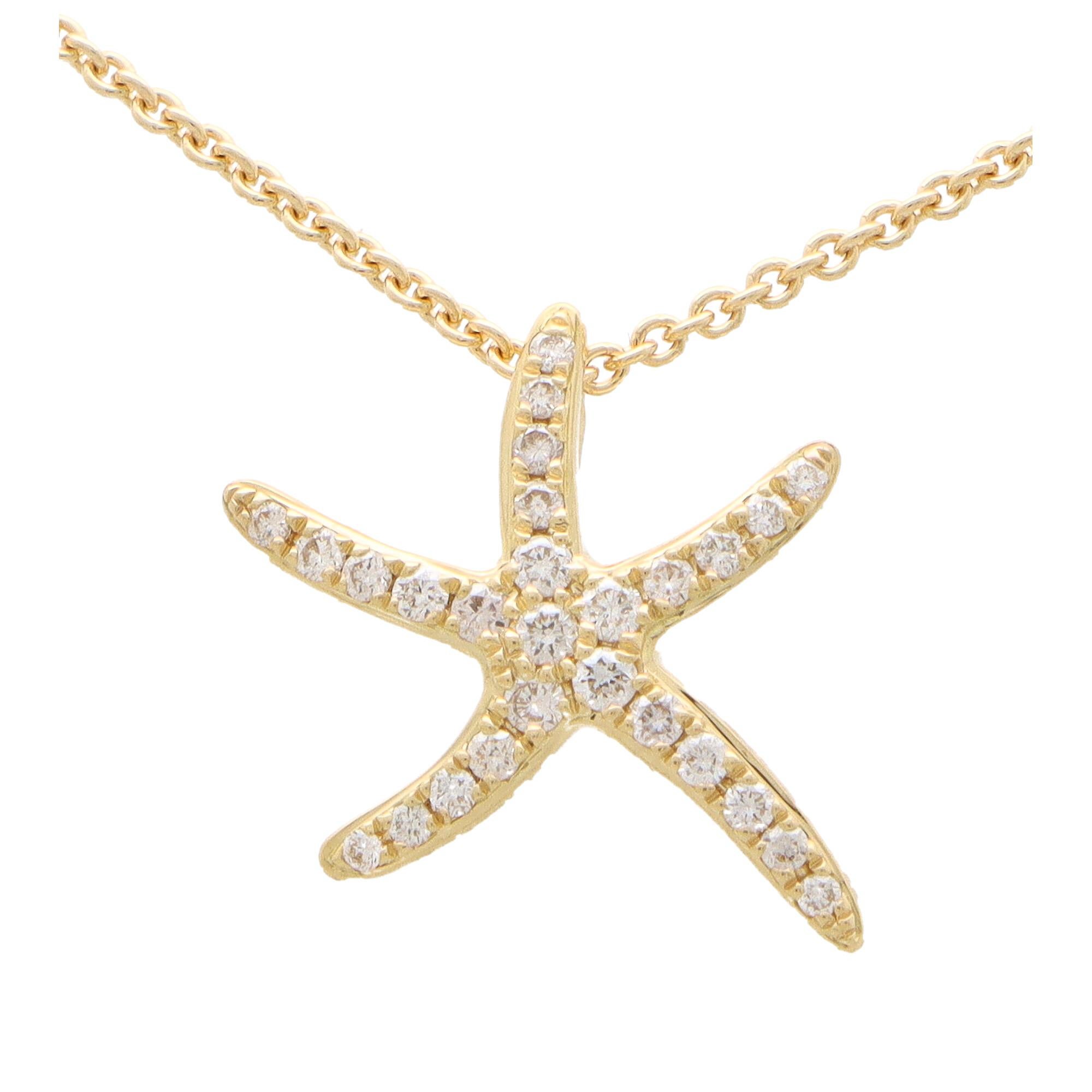 A lovely modern diamond set starfish pendant set in 18k yellow gold.

The pendant is pave set throughout with 27 round brilliant cut diamonds within a starfish motif. Due to the design and size this pendant would make a perfect necklace to wear