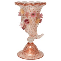 Contemporary Medium Pink Murano Glass Vase with Floral Detail