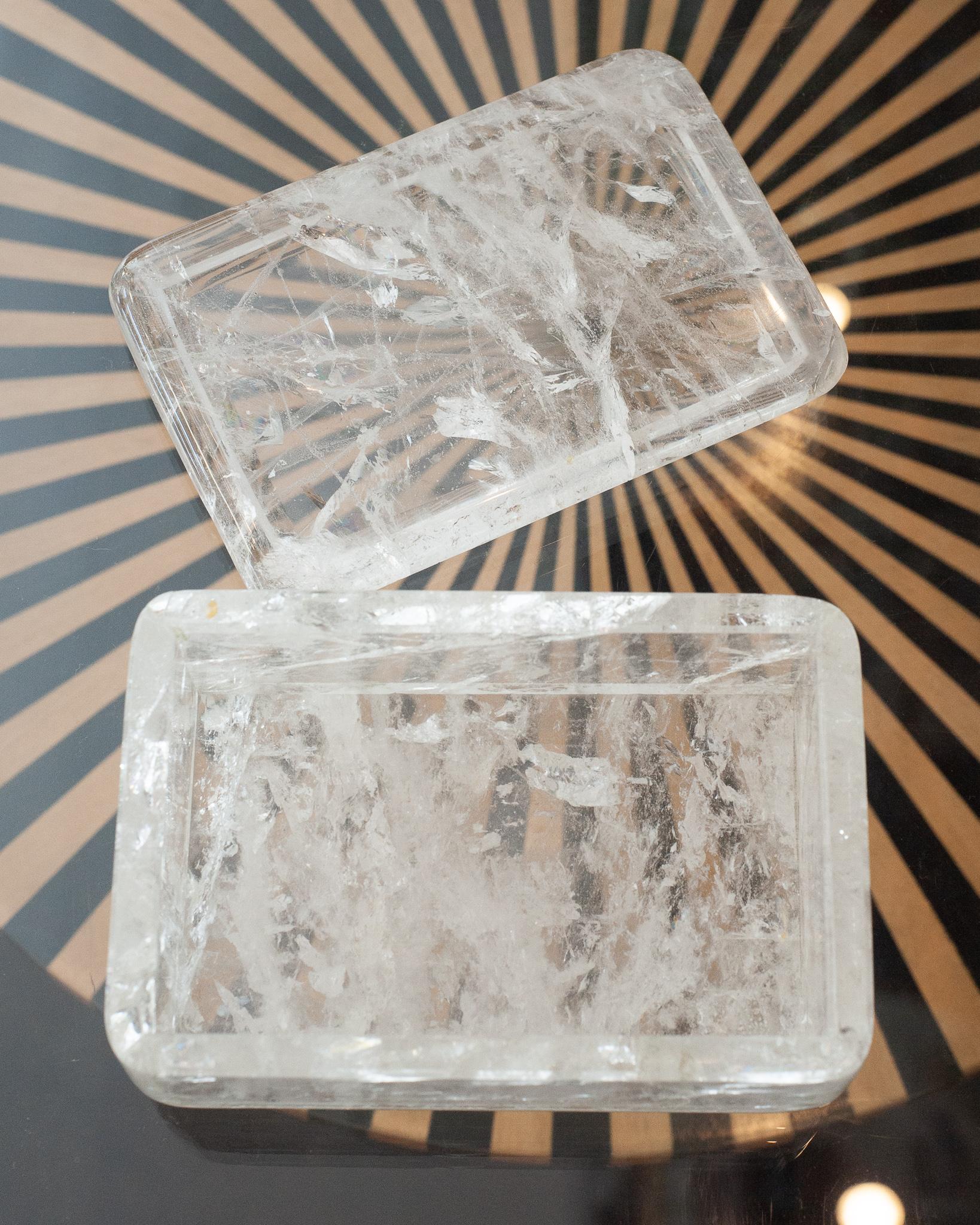 A stunning contemporary medium clear quartz rock crystal box. Beautifully carved by hand in an exceptional quality and clarity of rock crystal. Newly produced in the gem rich city of Minas Gerais, Brazil.