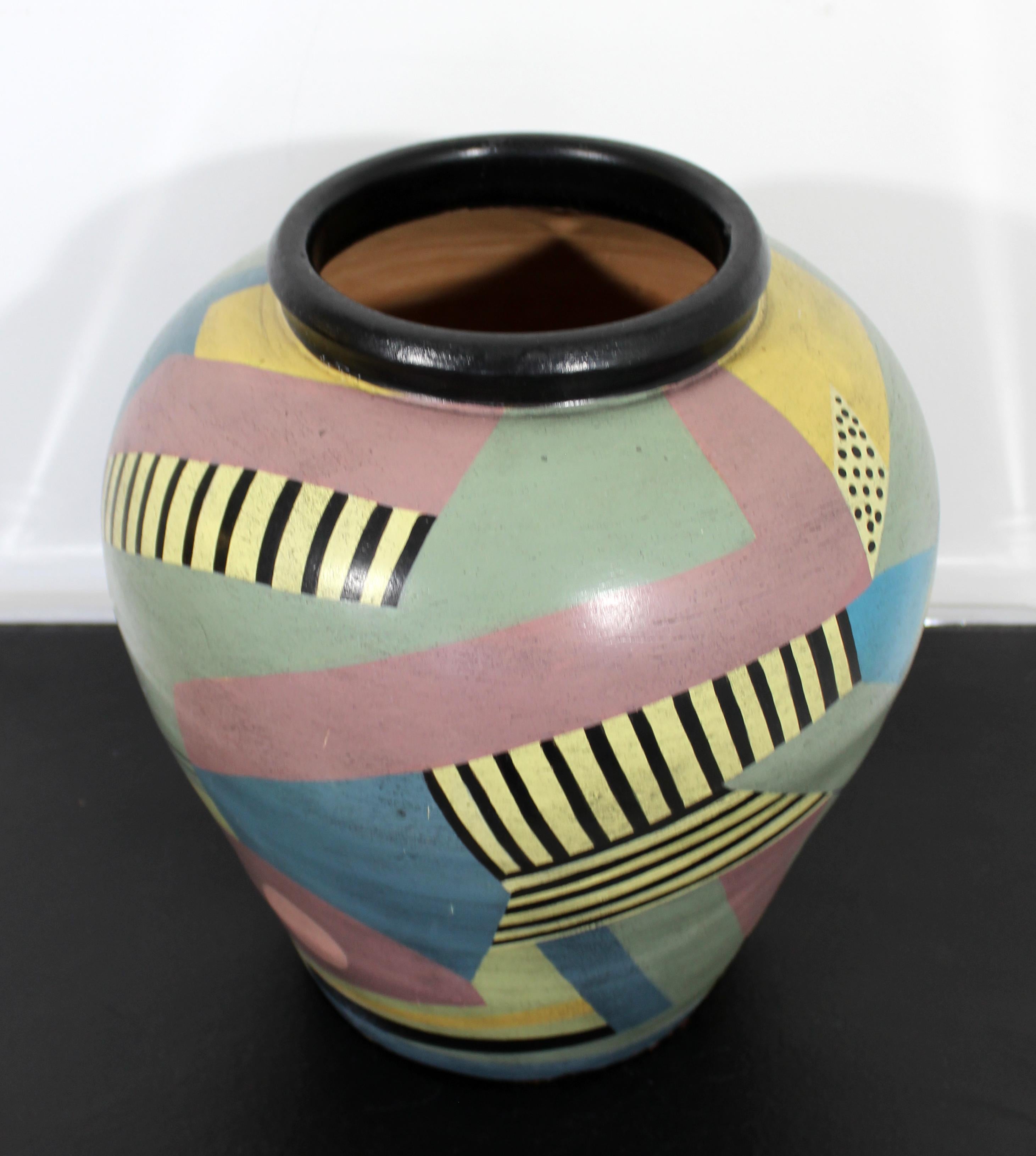 For your consideration is a marvelous, Memphis style, ceramic art vase or vessel, signed on the inside, circa 1980s. In excellent condition. The dimensions are 13