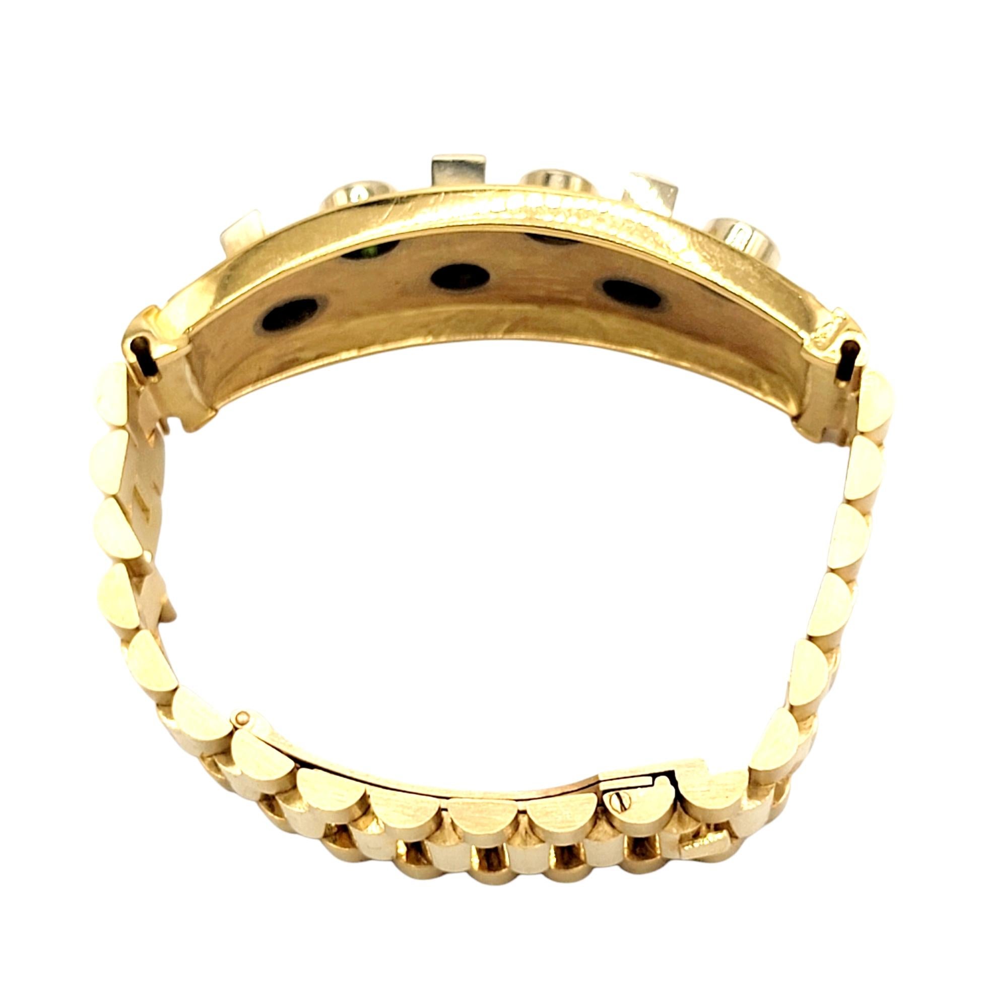 Round Cut Contemporary Men's Green Tourmaline Watch Link Bracelet in 18 Karat Yellow Gold For Sale