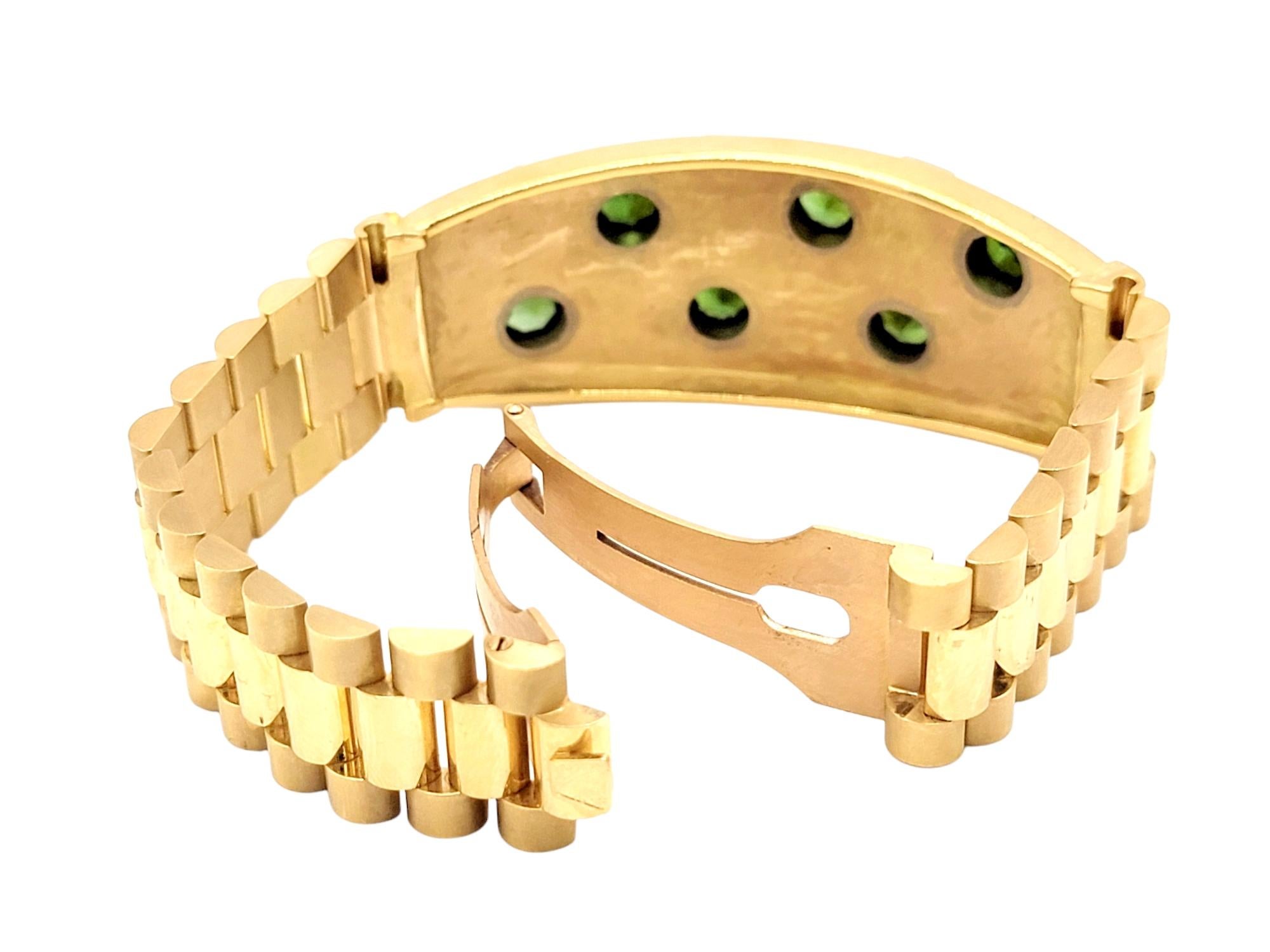 Contemporary Men's Green Tourmaline Watch Link Bracelet in 18 Karat Yellow Gold In Good Condition For Sale In Scottsdale, AZ
