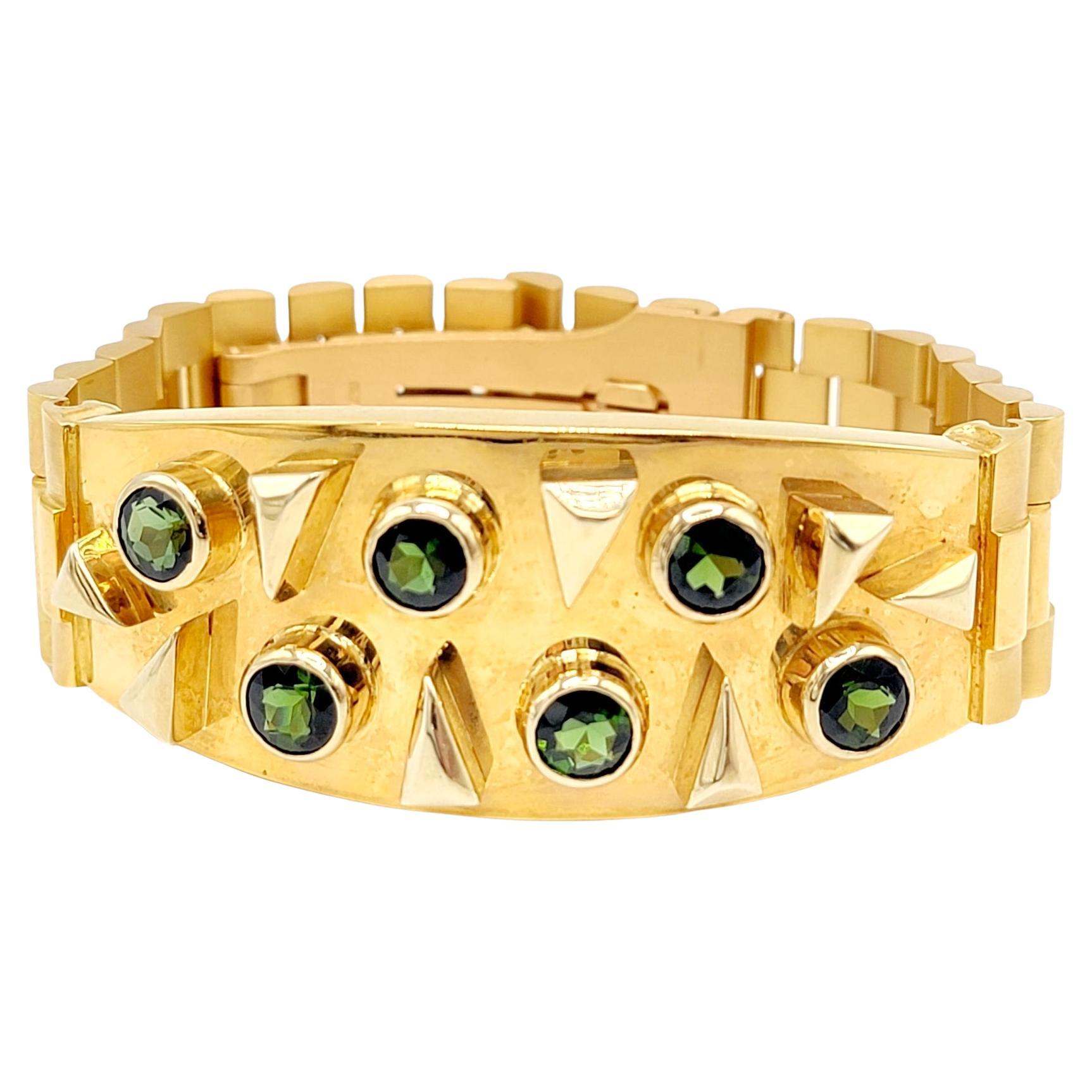 Contemporary Men's Green Tourmaline Watch Link Bracelet in 18 Karat Yellow Gold For Sale