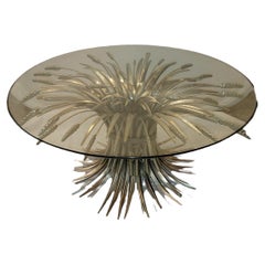 Contemporary Metal Leaf Base Glass Top Coffee Table
