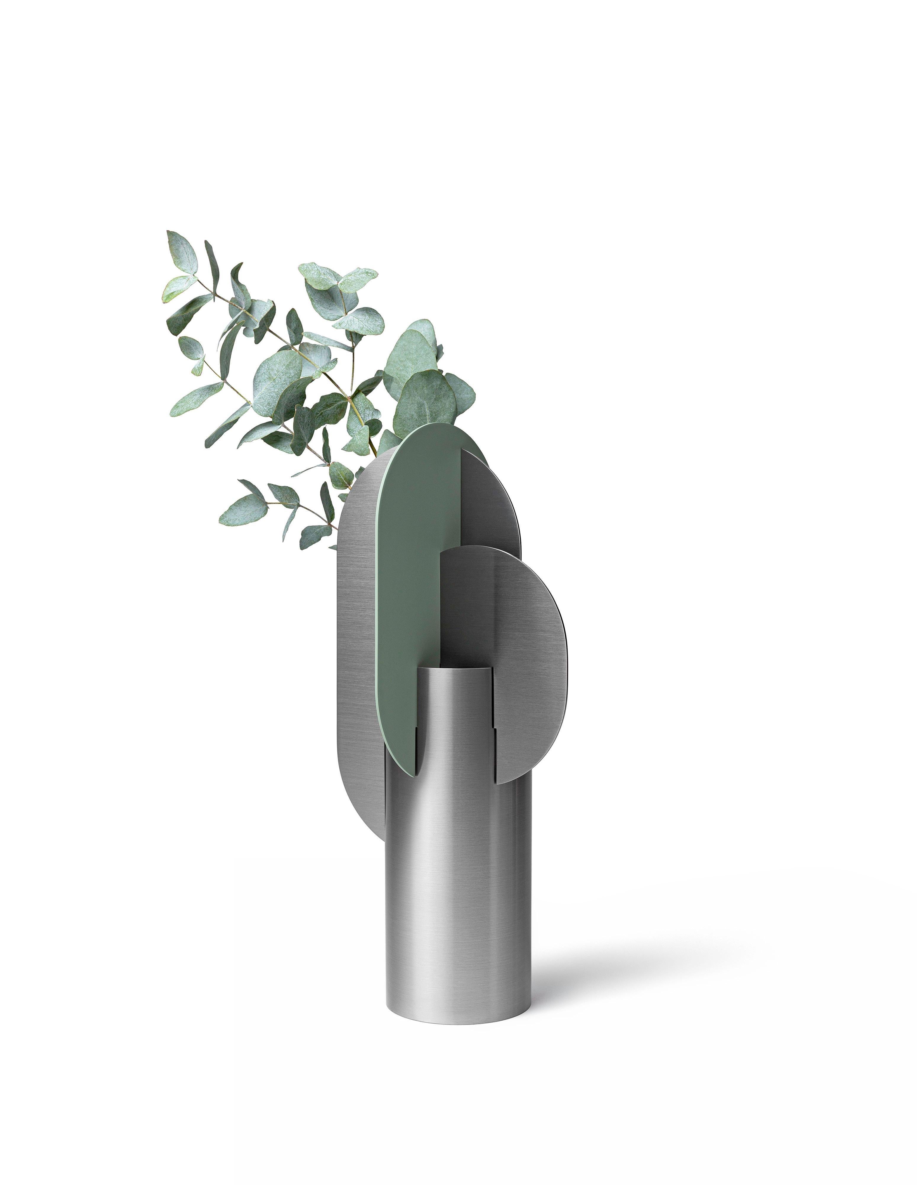 Organic Modern Contemporary Metal Vase 'Ekster CS11' by Noom, Brushed Stainless Steel For Sale