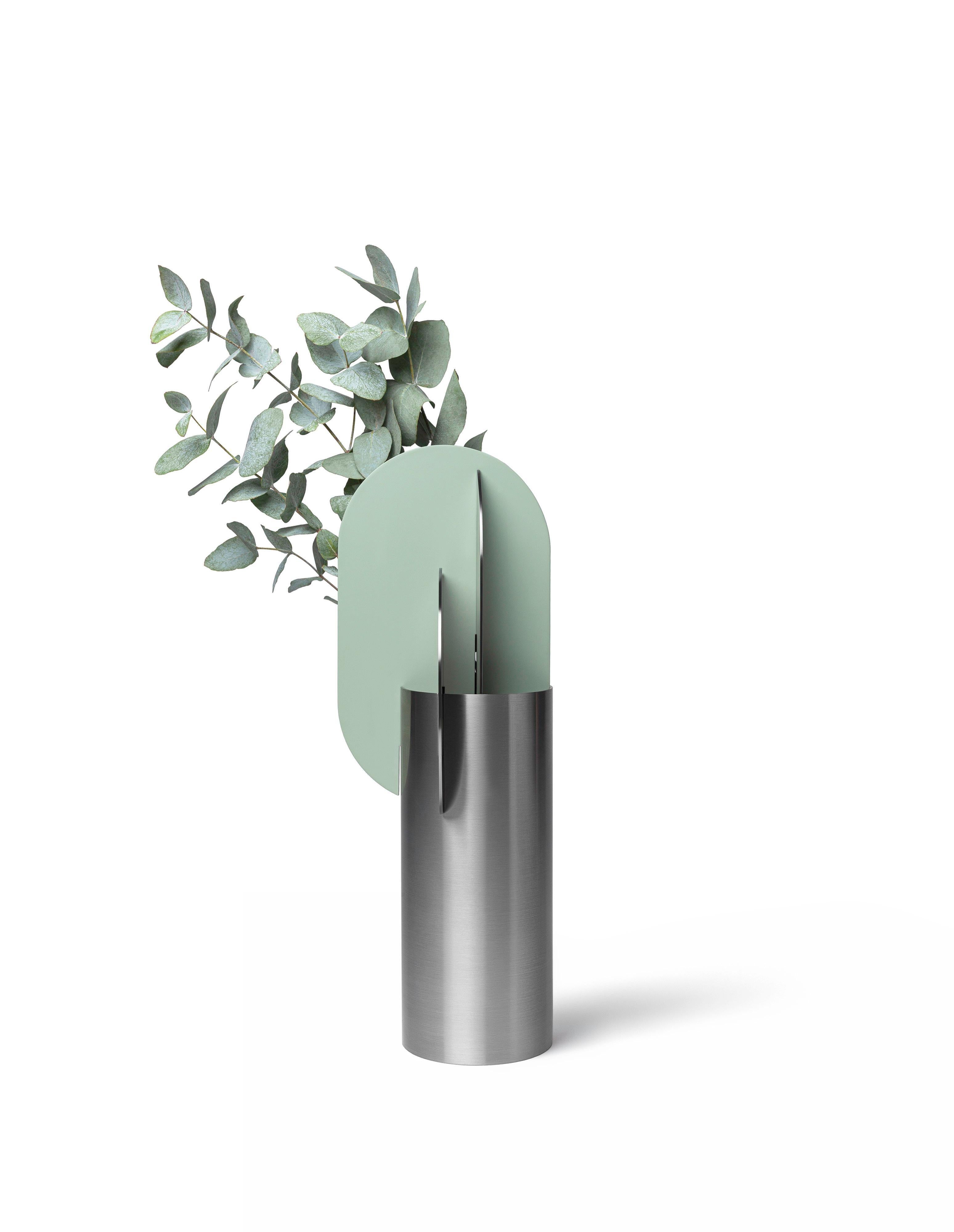 Painted Contemporary Metal Vase 'Ekster CS11' by Noom, Brushed Stainless Steel For Sale