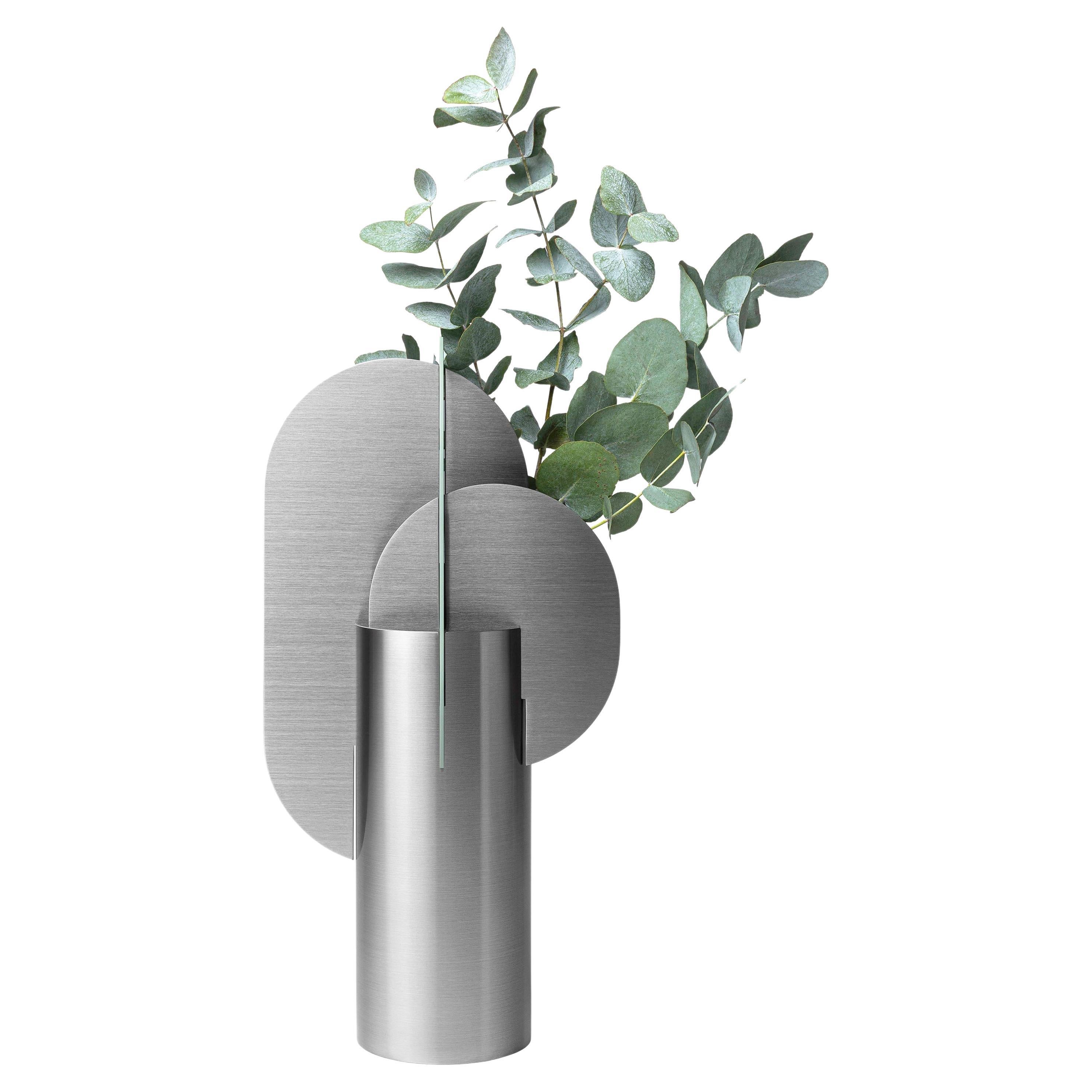 Contemporary Metal Vase 'Ekster CS11' by Noom, Brushed Stainless Steel For Sale