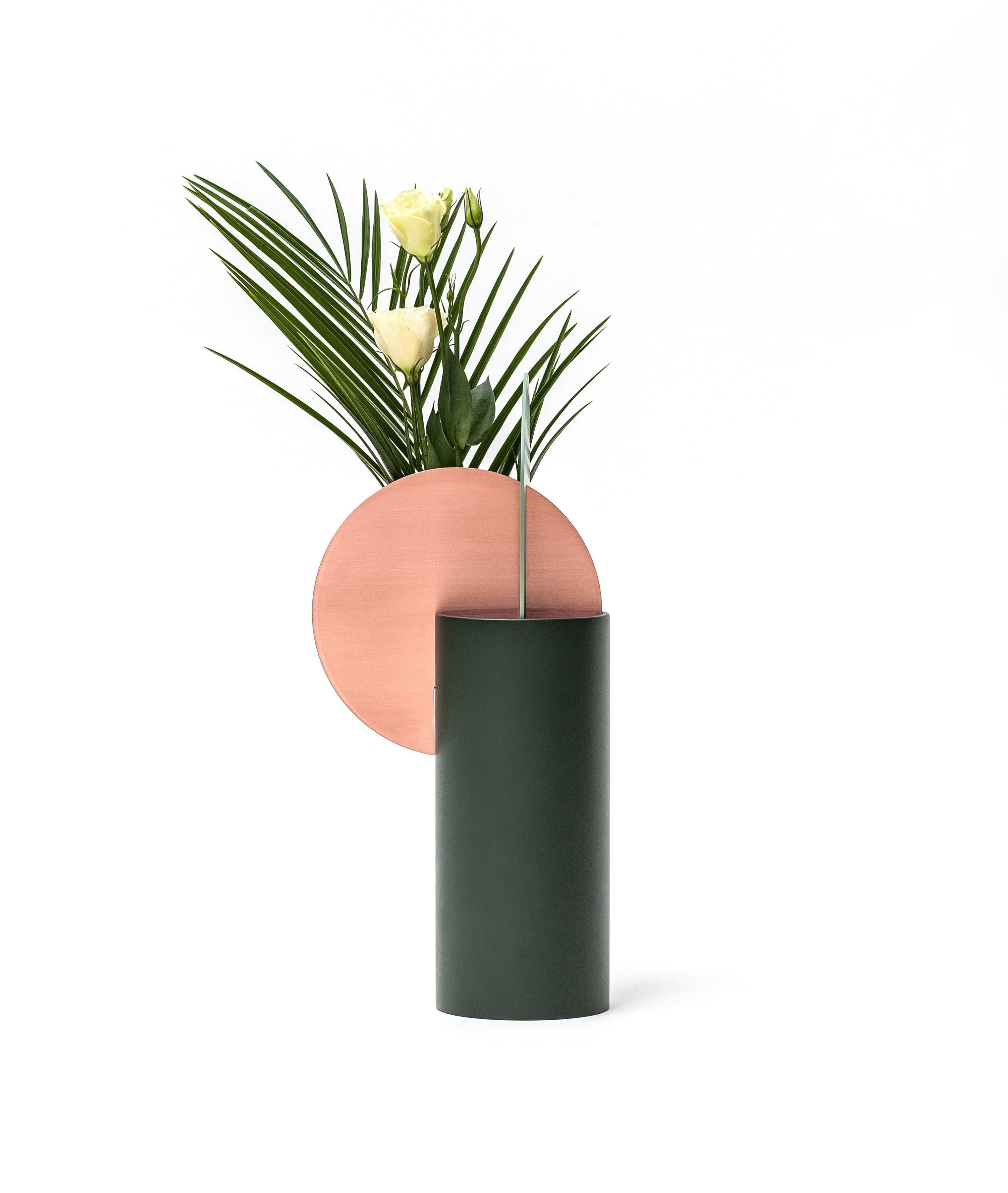 Brand: NOOM
Designer: Kateryna Sokolova
Materials: Copper, painted steel
Color Scheme: CS1 - pine green, sage green and copper
Dimensions: H 37 cm x W 17,5 cm x D 15 cm
Net Weight: 2,4 kg

Yermilov vase, one of the vases from the 