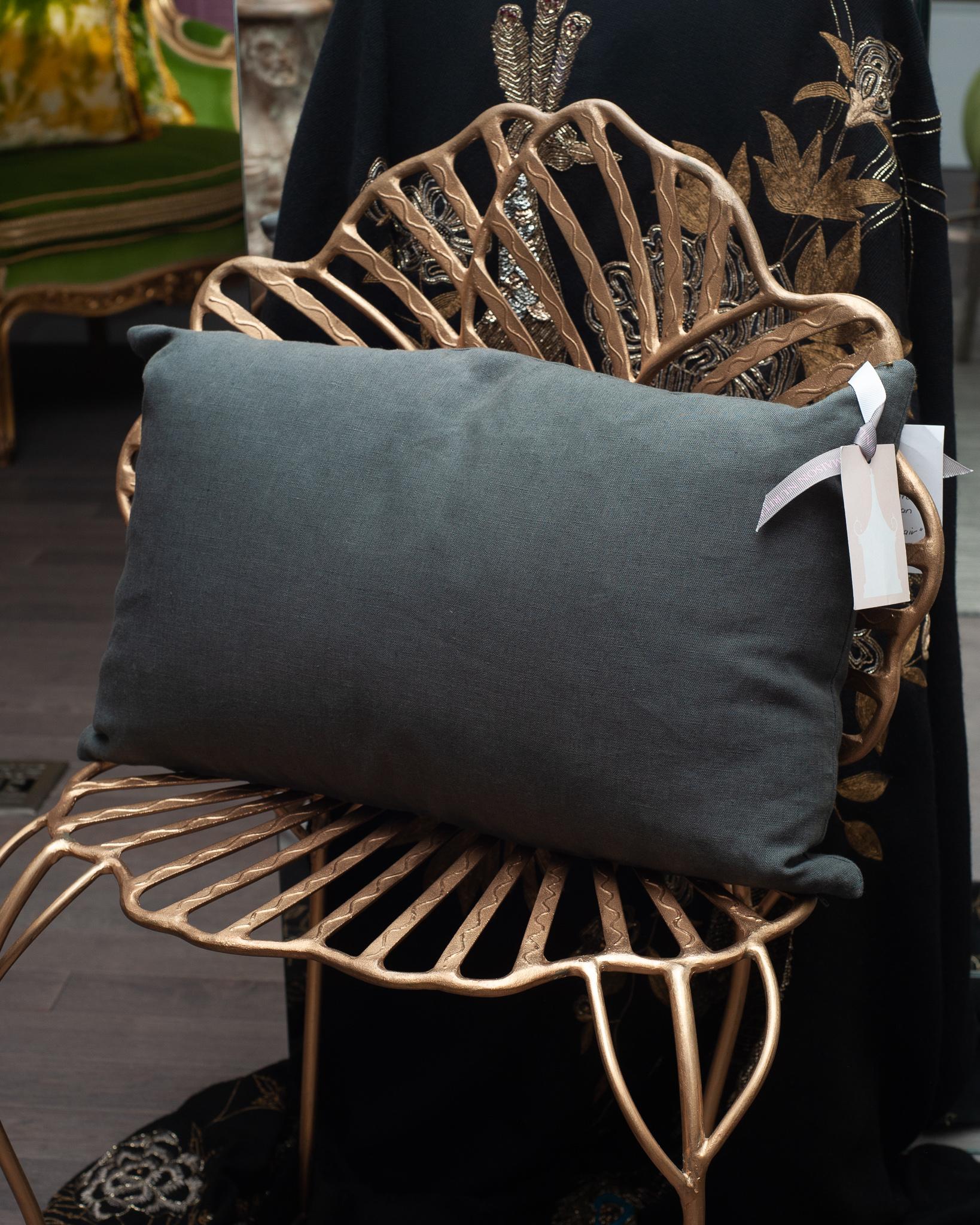 Contemporary Metallic Floral Embroidered Charcol Grey Linen Pillow In New Condition In Toronto, ON