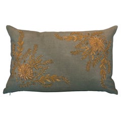 Contemporary Metallic Floral Embroidered Charcol Grey Linen Pillow