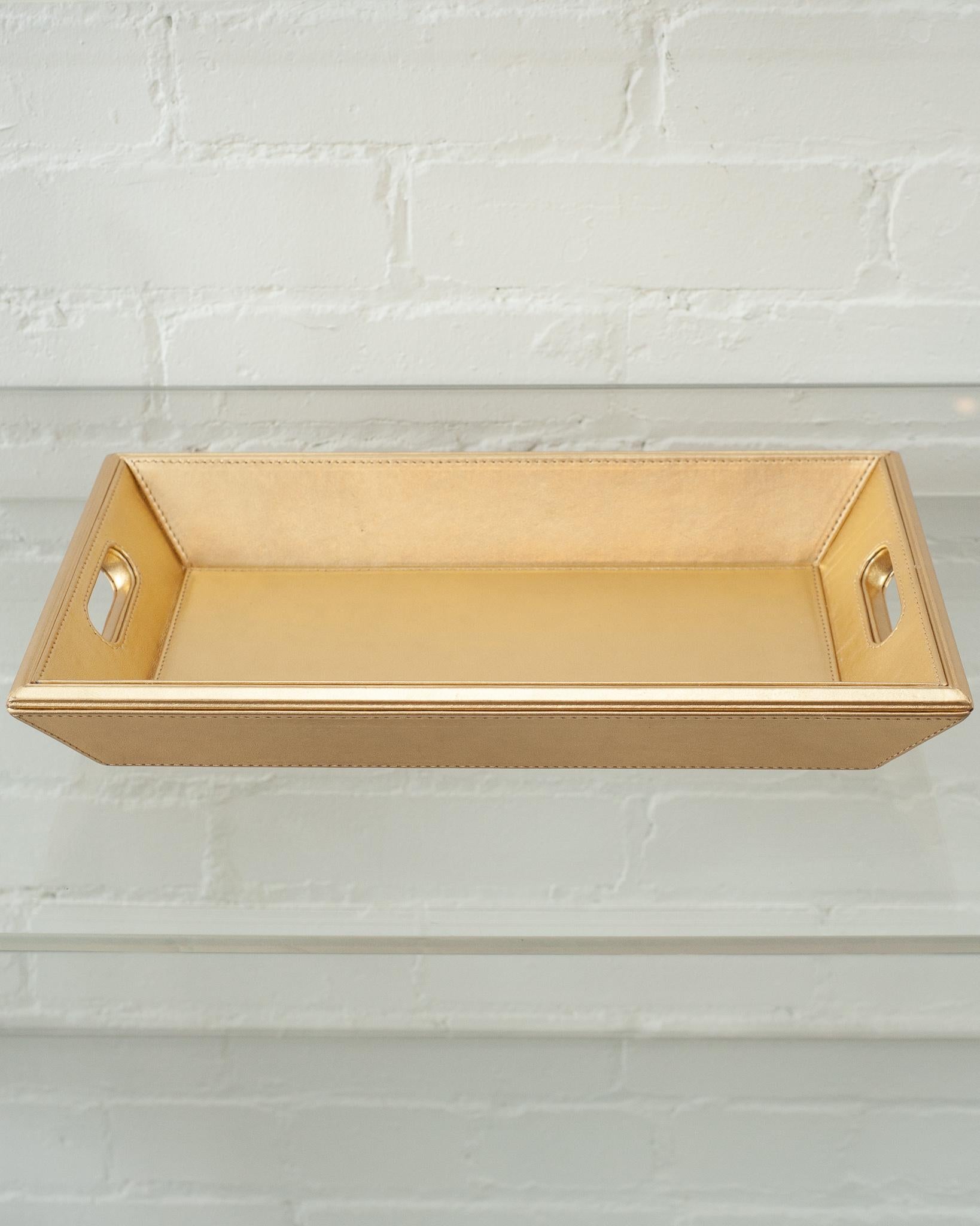 Contemporary Metallic Gold Leather Rectangular Tray For Sale 2
