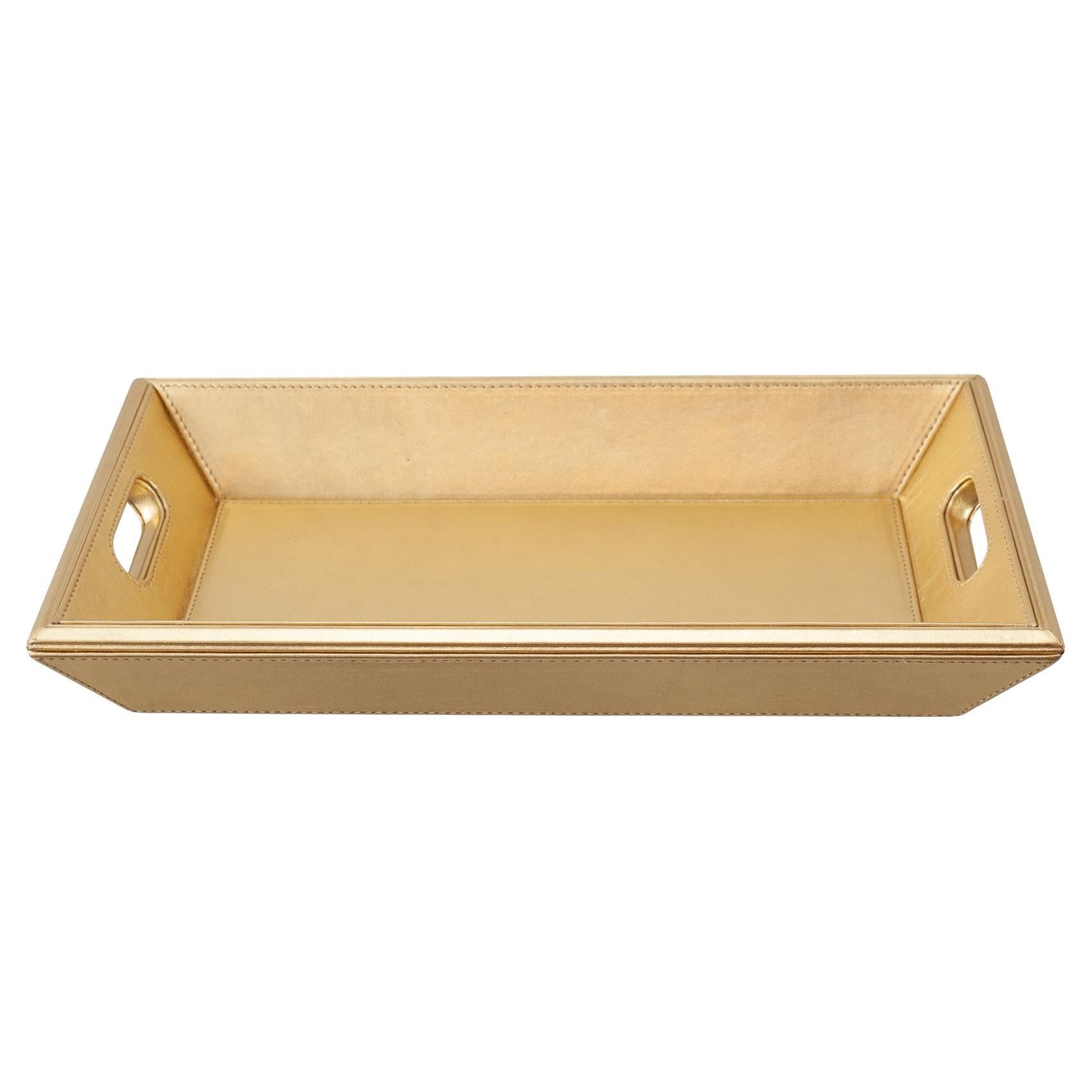 Contemporary Metallic Gold Leather Rectangular Tray For Sale