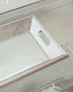 Contemporary Metallic Silver Leather Rectangular Tray