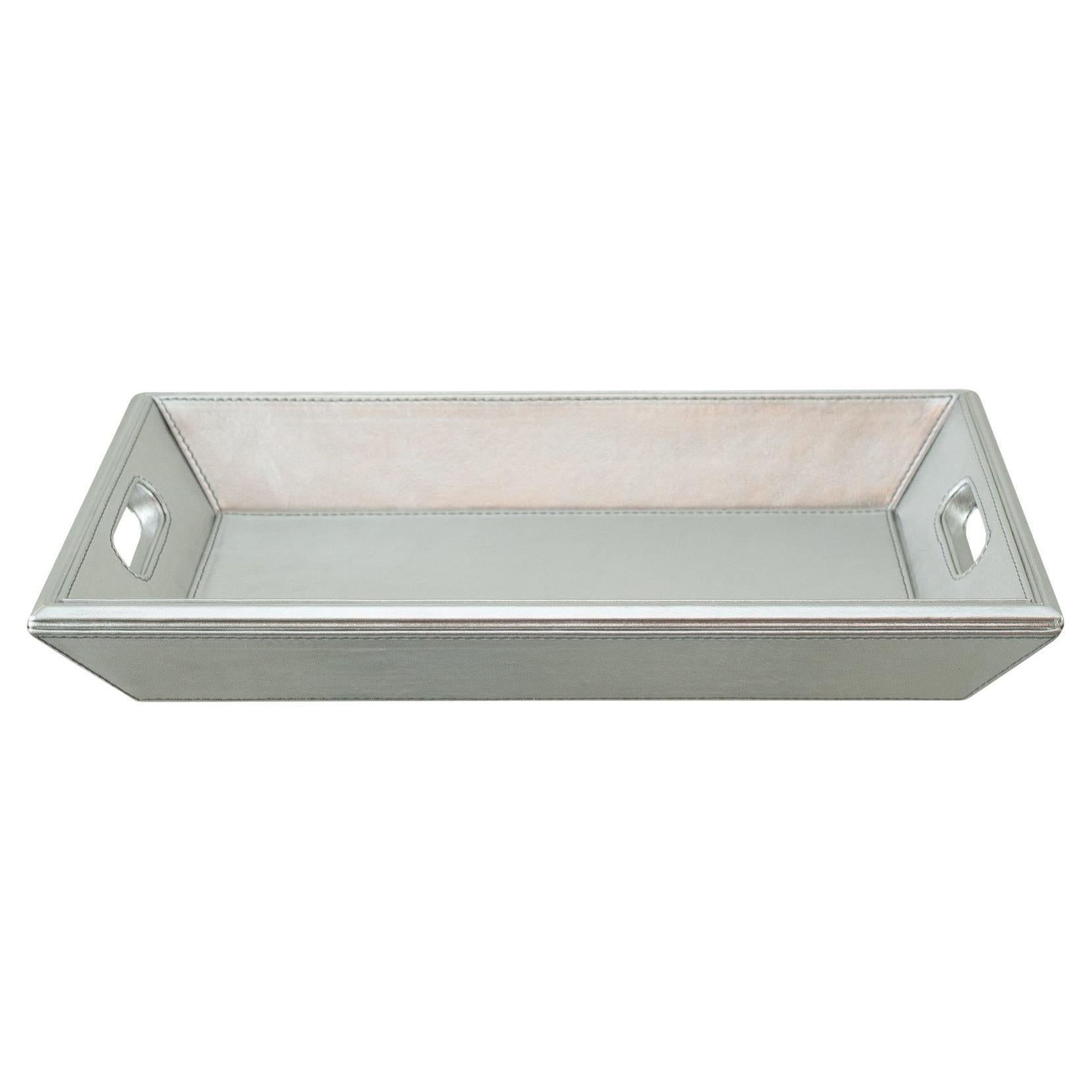 Contemporary Metallic Silver Leather Rectangular Tray  For Sale