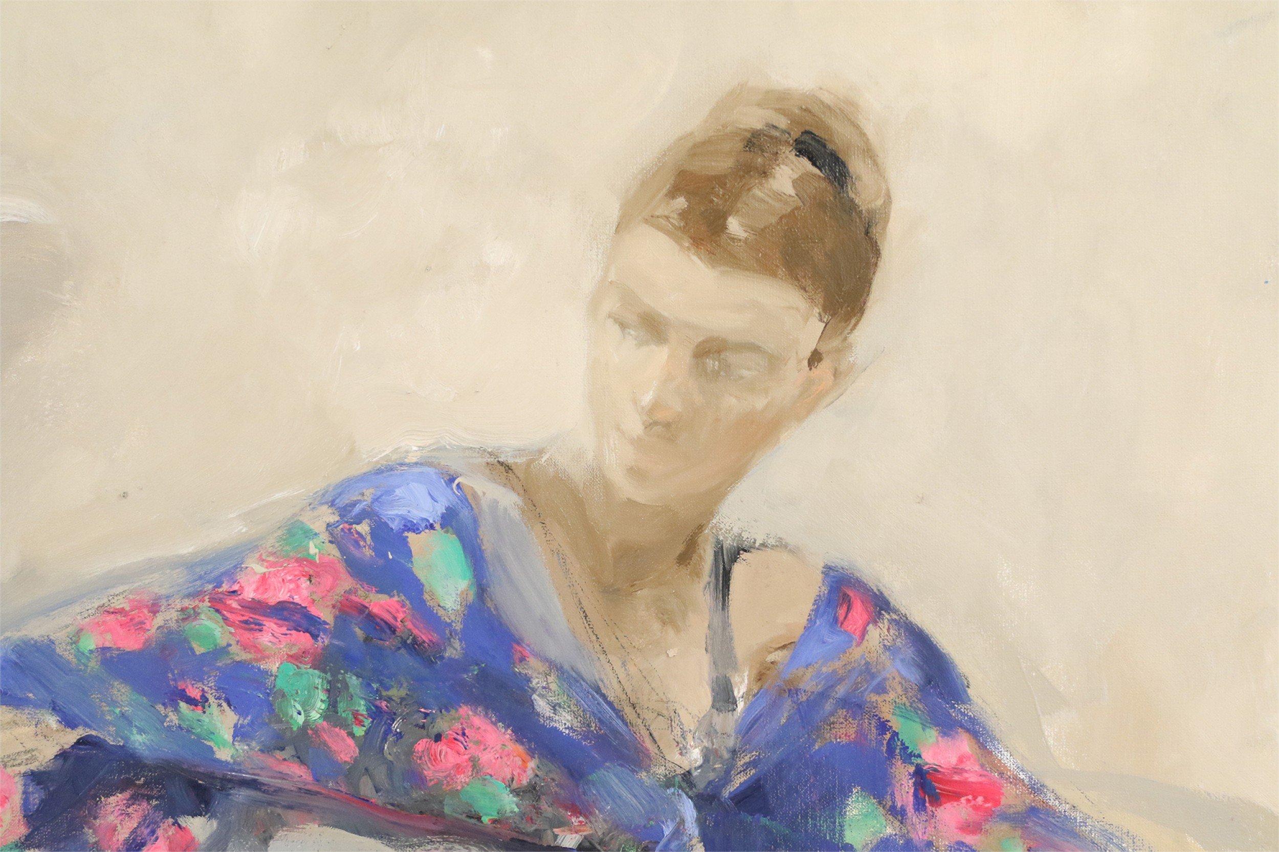 Dipinto a olio figurato contemporaneo di un uomo in abito nero che balla con una signora che indossa uno scialle blu e floreale in una cornice nera e dorata dal titolo 