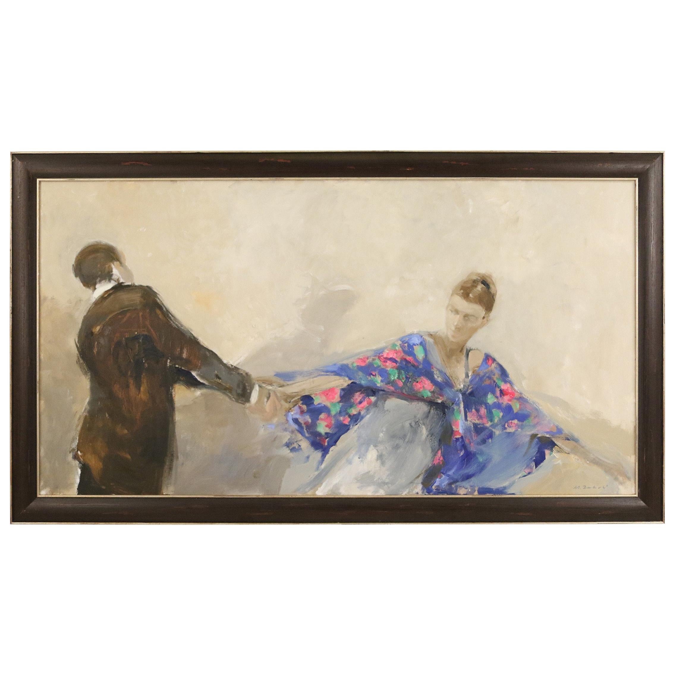 Peinture figurative abstraite contemporaine de Michal Zoborrowski représentant un couple dansant en vente
