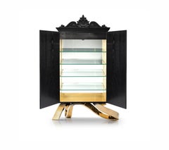 Contemporary Mickey Drink Cabinet Bar in Solid Oak, Oak Veneers, Glass, Brass