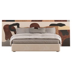 Contemporary Mid-Century Headboard Pattern Wood Marquetry King Bed