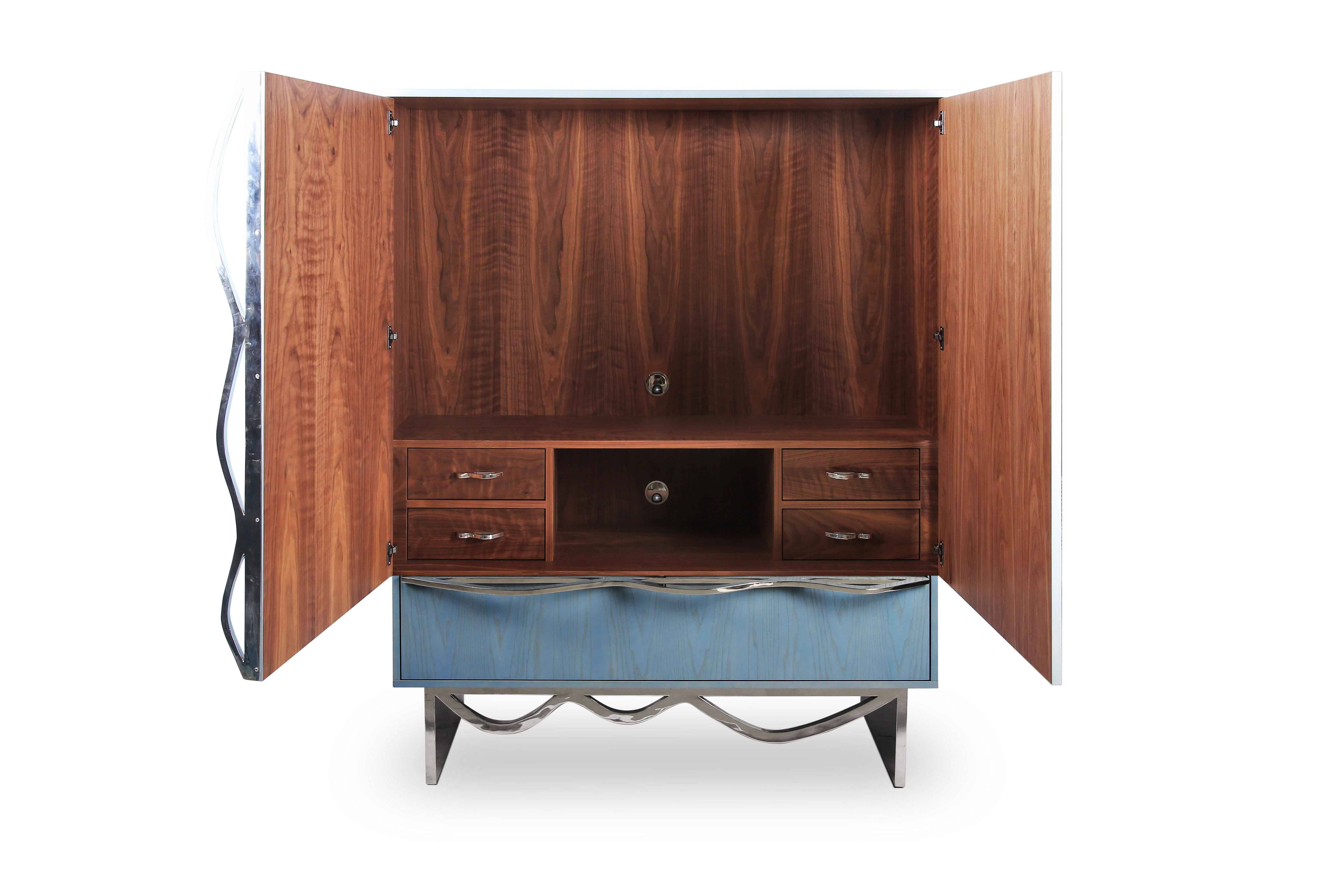 Baltic Contemporary Mid Century media cabinet in Ash, Walnut, Stainless steel. For Sale