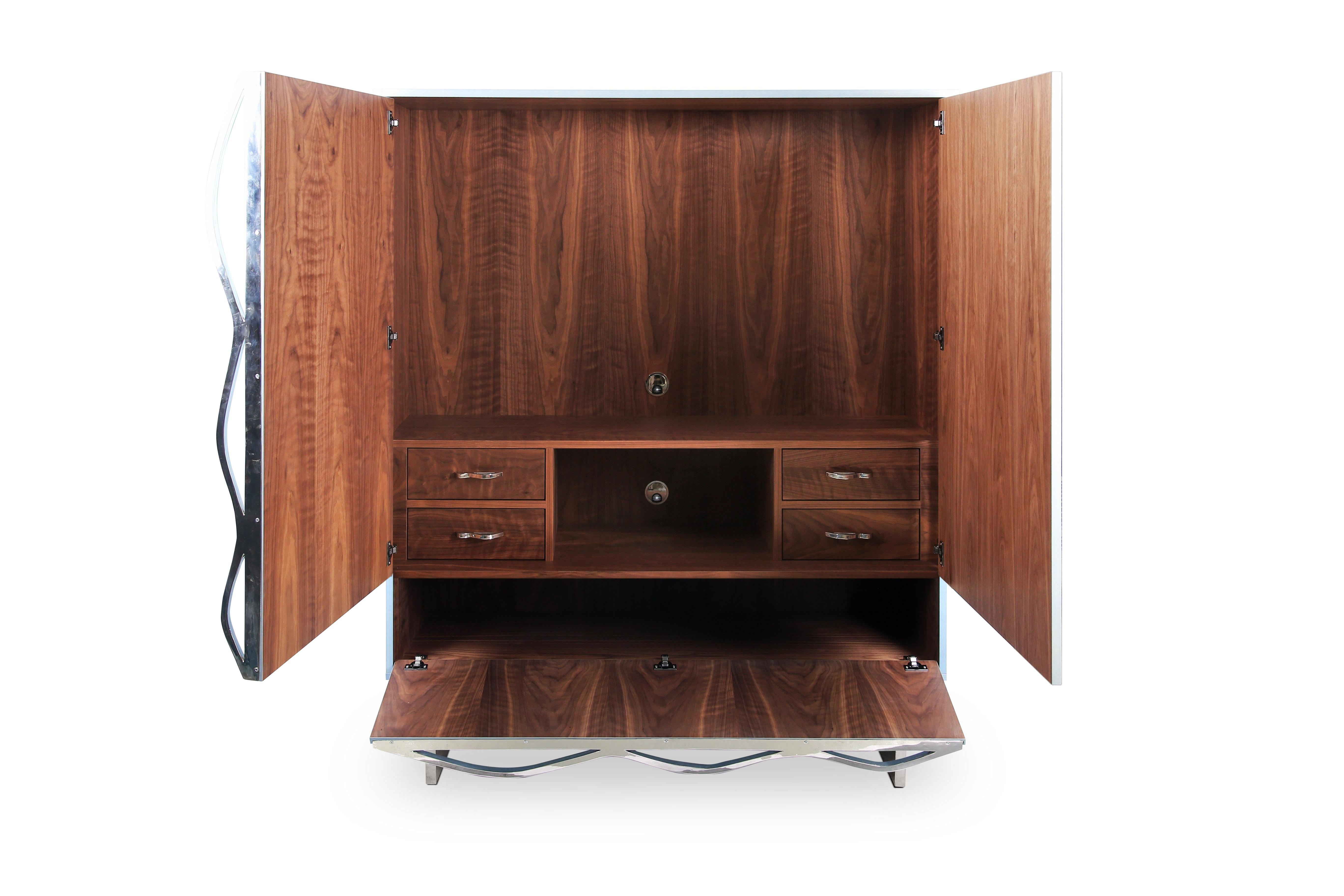 Contemporary Mid Century media cabinet in Ash, Walnut, Stainless steel. For Sale 2