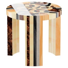 Contemporary Mid-Century Modern Round Side Table Malevich Print Wood Marquetry
