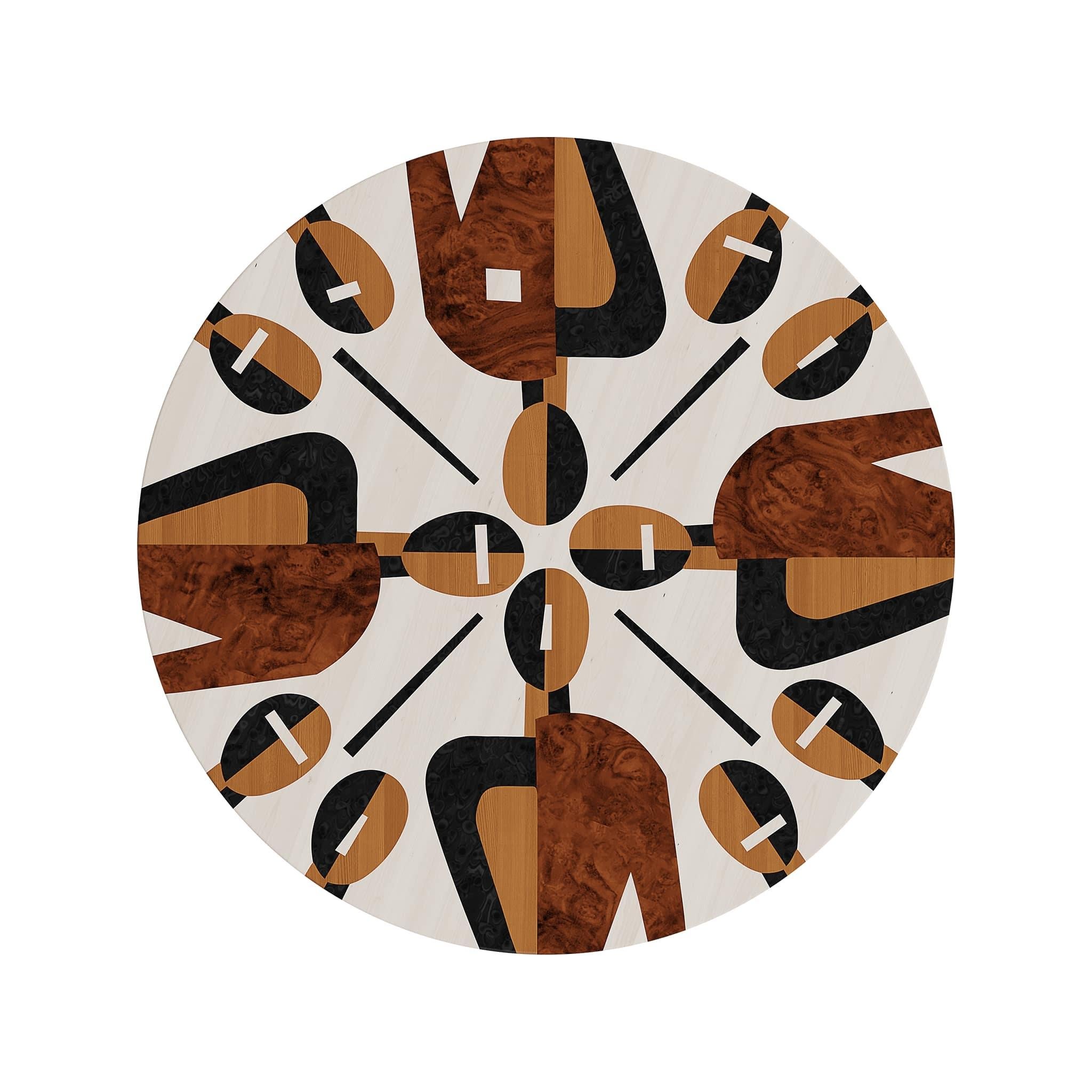 Zeitgenössischer Mid-Century Moder runder Beistelltisch Holzeinlegearbeiten
Der Beistelltisch Ludwika ist ein modernes Stück für zeitgenössische Einrichtungsprojekte. Dieser Beistelltisch ist eine attraktive Ergänzung für ein modernes Wohnzimmer, in