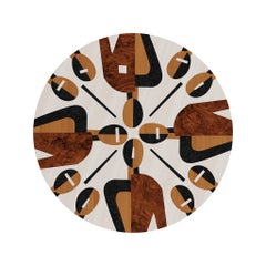 Mid-Century Modern White Round Side Table Abstract Figure Pattern Wood Marquetry