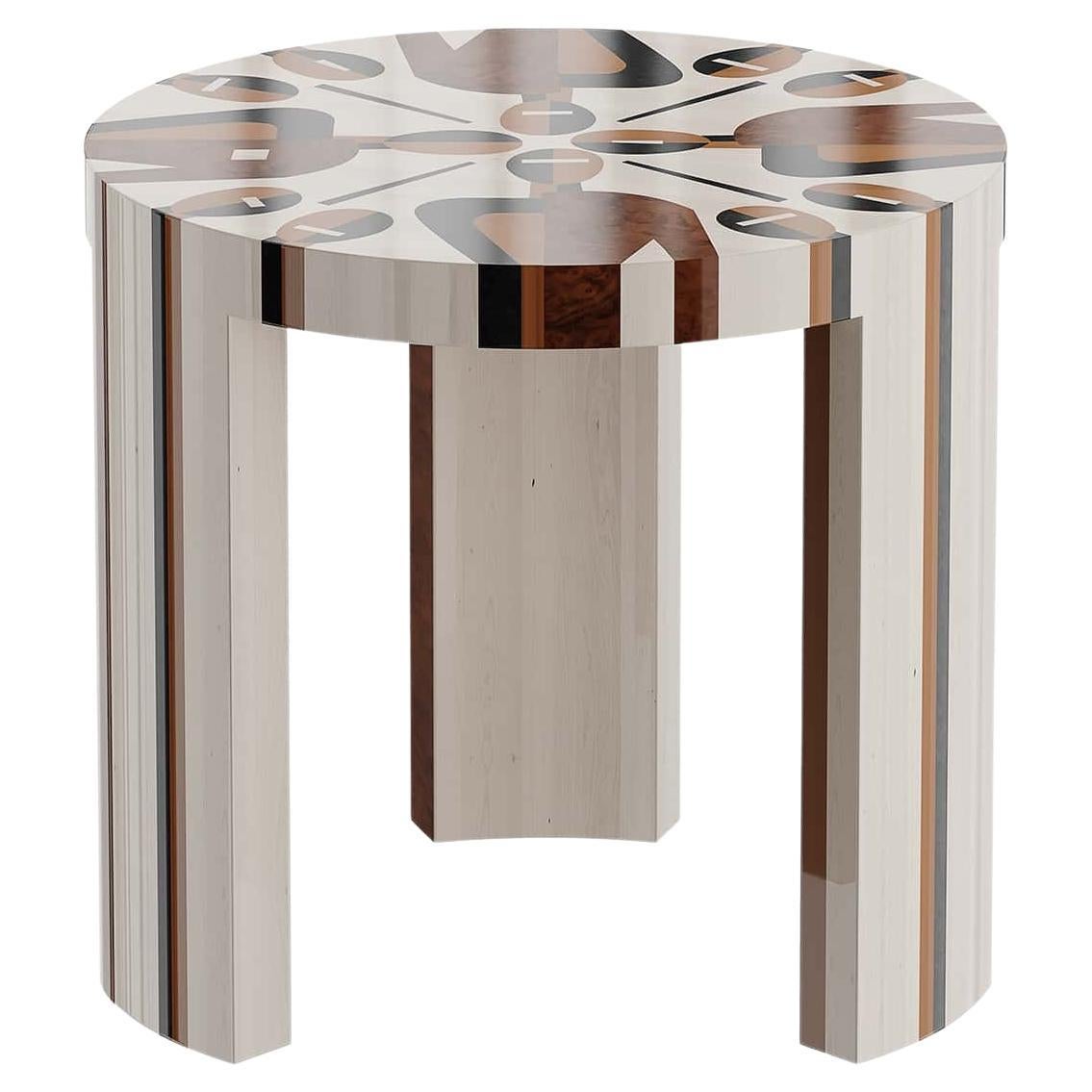 Mid-Century Modern White Round Side Table Abstract Figure Pattern Wood Marquetry For Sale