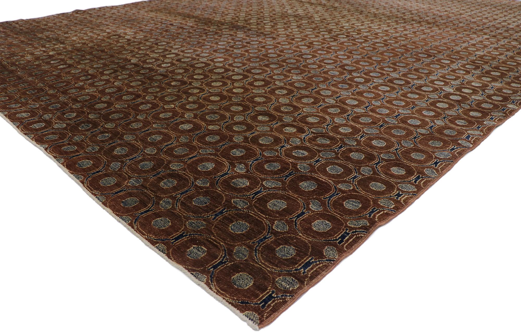 78097 Contemporary brown area rug with Retro Mid-Century Modern style 10'00 x 13'07. Warm and inviting with a timeless design, this hand-knotted wool contemporary area rug is poised to impress. The abrashed coffee colored field features a retro