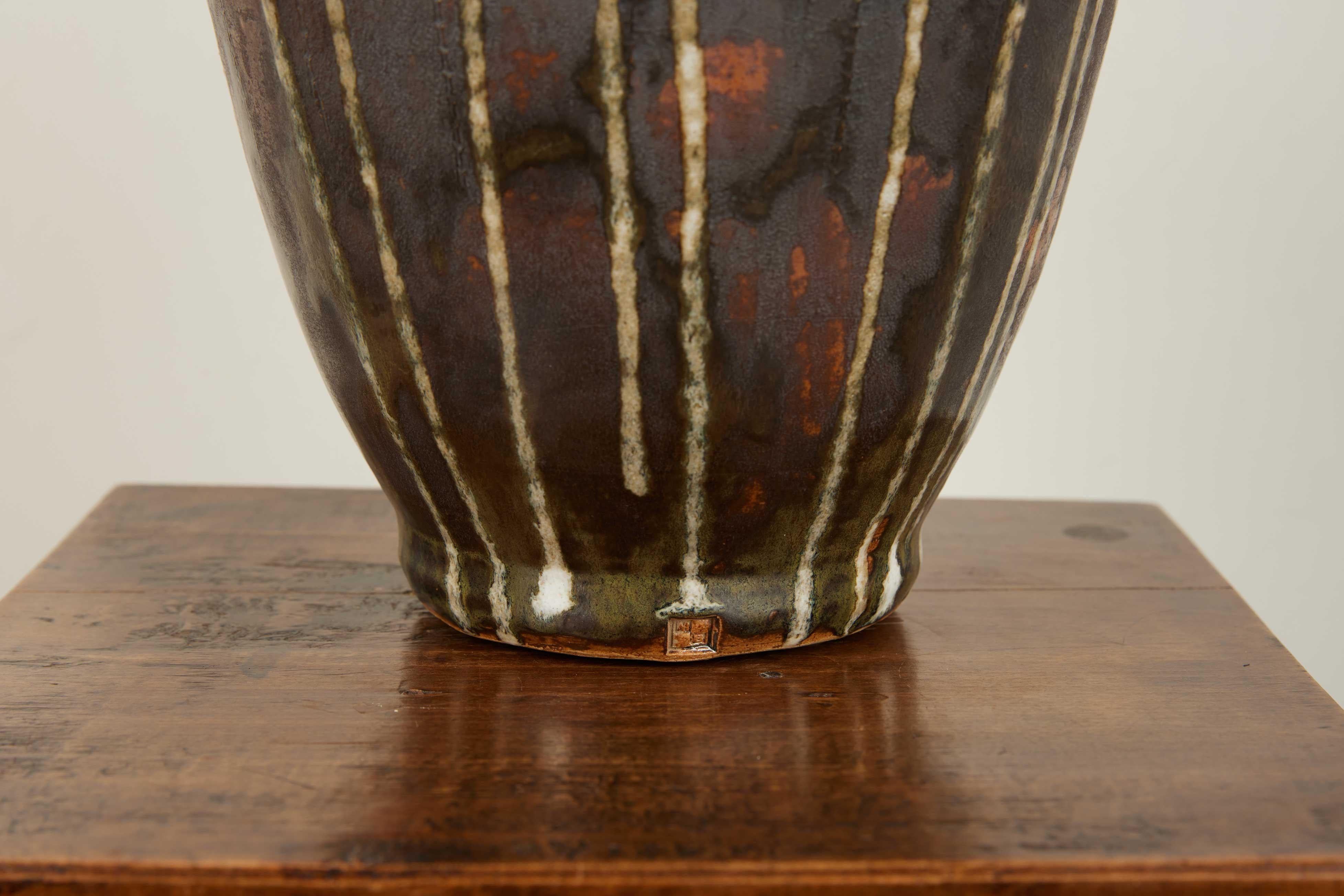 Hand-Carved Contemporary Mid Century Modern Wood Fired Brown Drip Vase For Sale