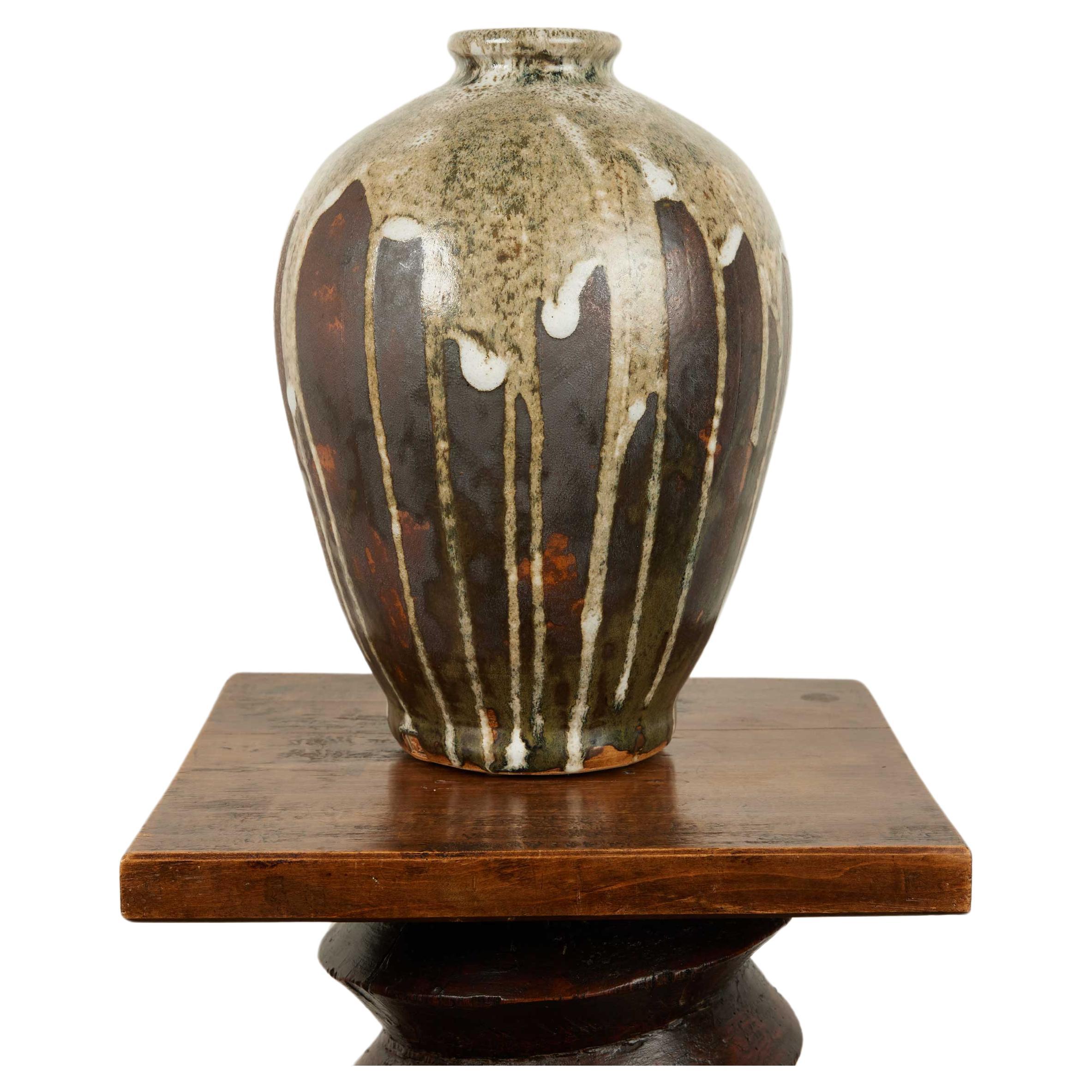 Contemporary Mid Century Modern Wood Fired Brown Drip Vase For Sale