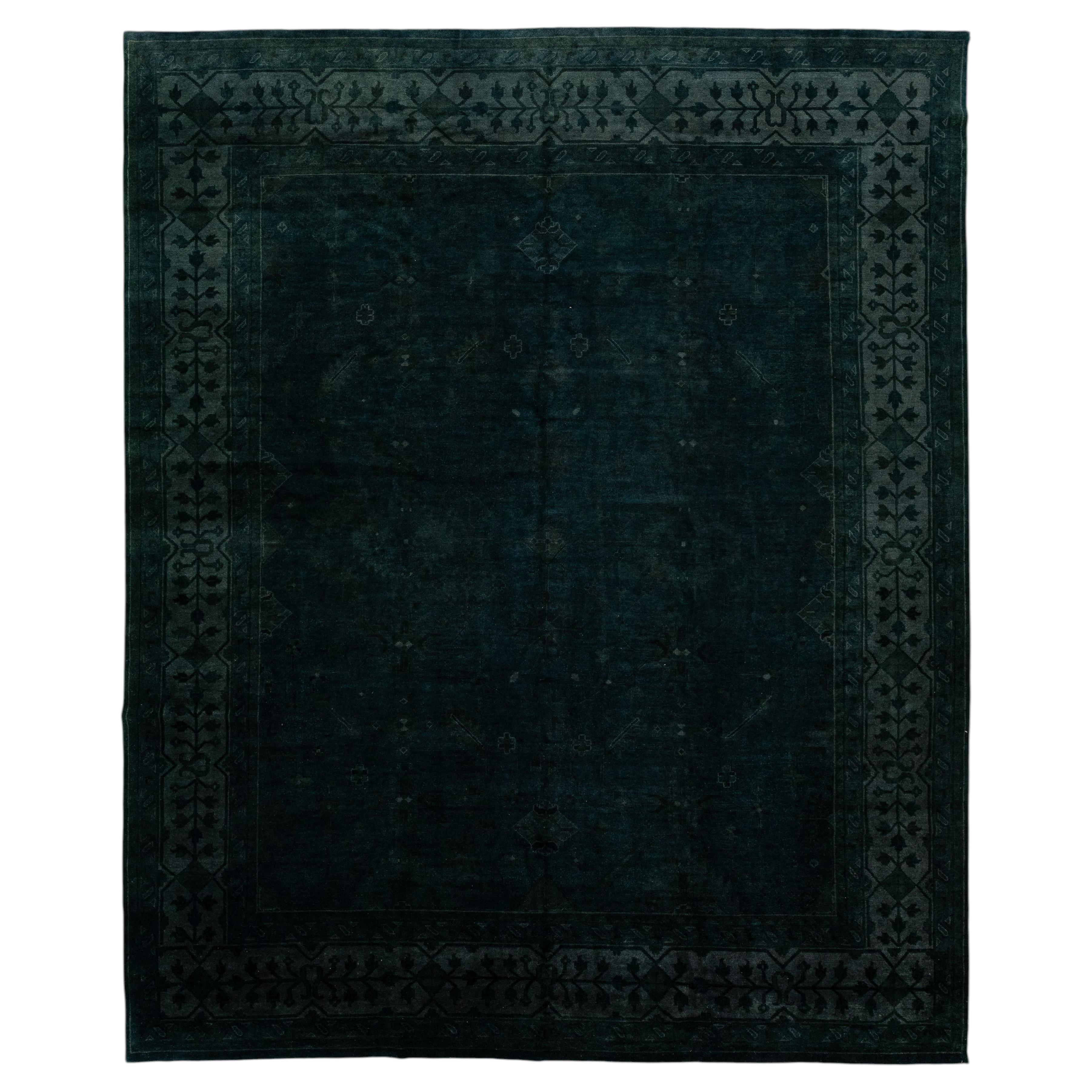 Contemporary Midnight Emerald Hand-Knotted Overdyed Wool Area Rug 12x15 For Sale